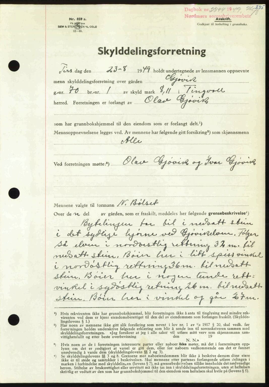 Nordmøre sorenskriveri, SAT/A-4132/1/2/2Ca: Pantebok nr. A112, 1949-1949, Dagboknr: 2344/1949