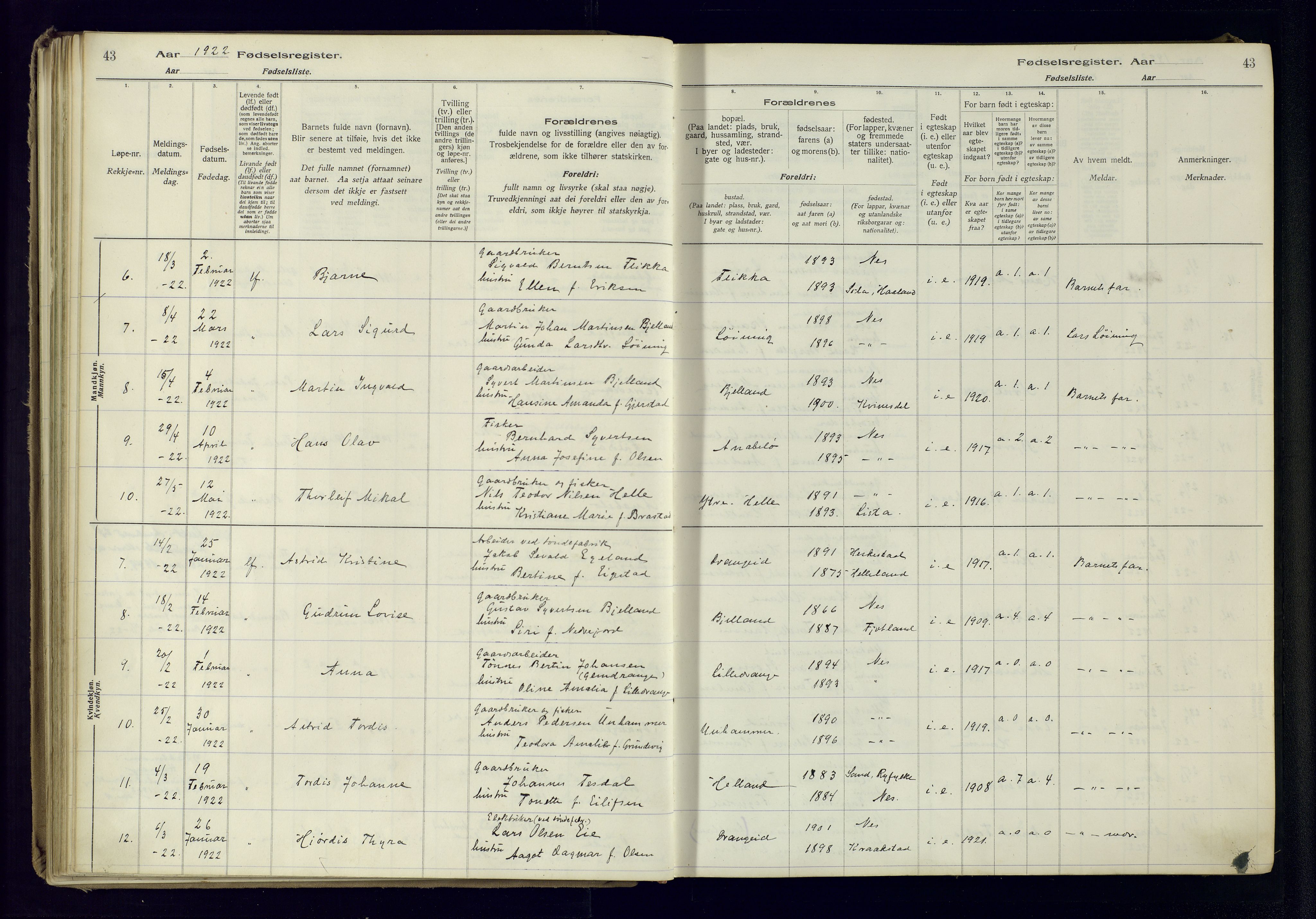 Flekkefjord sokneprestkontor, AV/SAK-1111-0012/J/Ja/L0005: Fødselsregister nr. 5, 1916-1950, s. 43