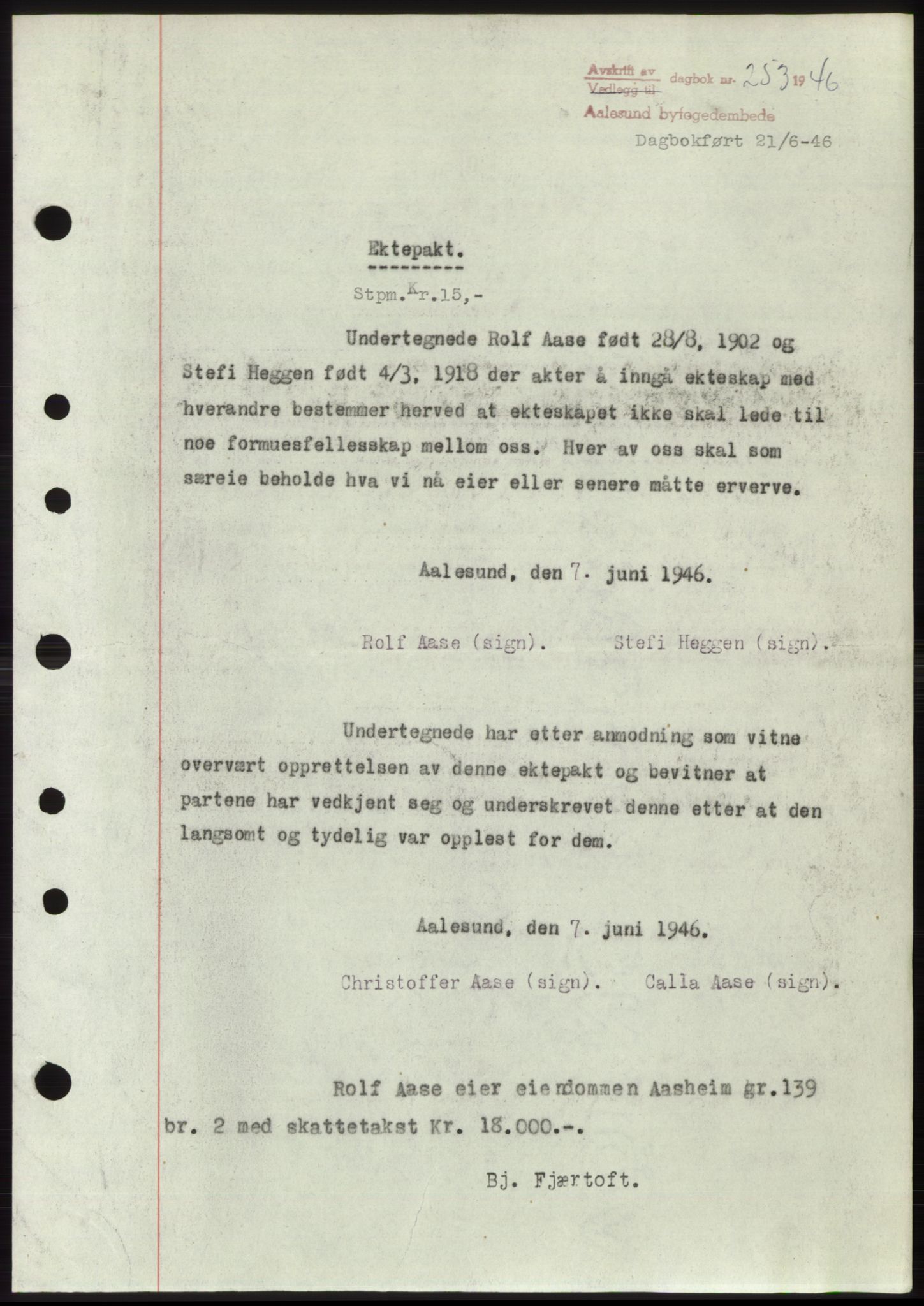 Ålesund byfogd, SAT/A-4384: Pantebok nr. B34-35 b, 1946-1947, Dagboknr: 253/1946