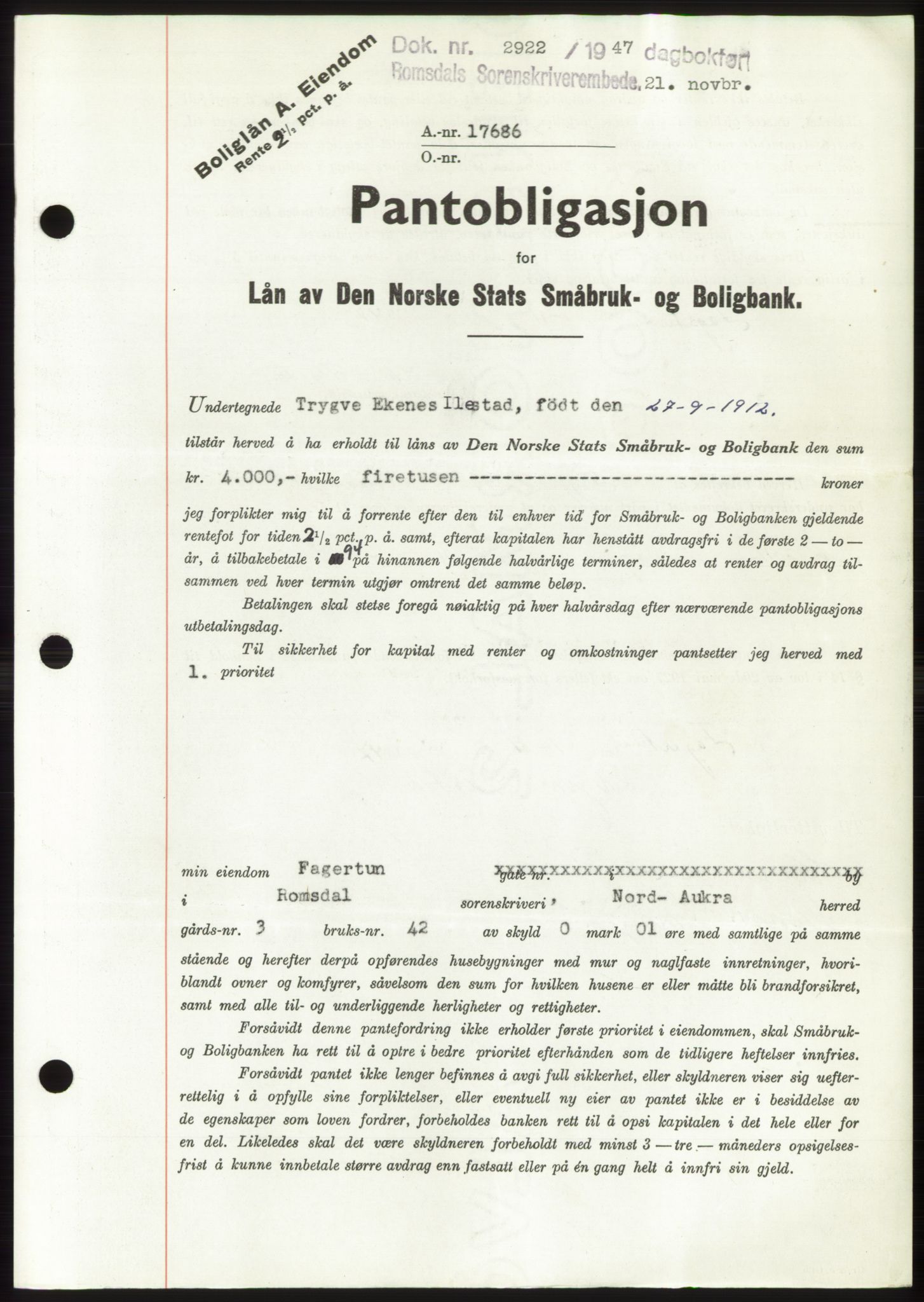 Romsdal sorenskriveri, SAT/A-4149/1/2/2C: Pantebok nr. B3, 1946-1948, Dagboknr: 2922/1947