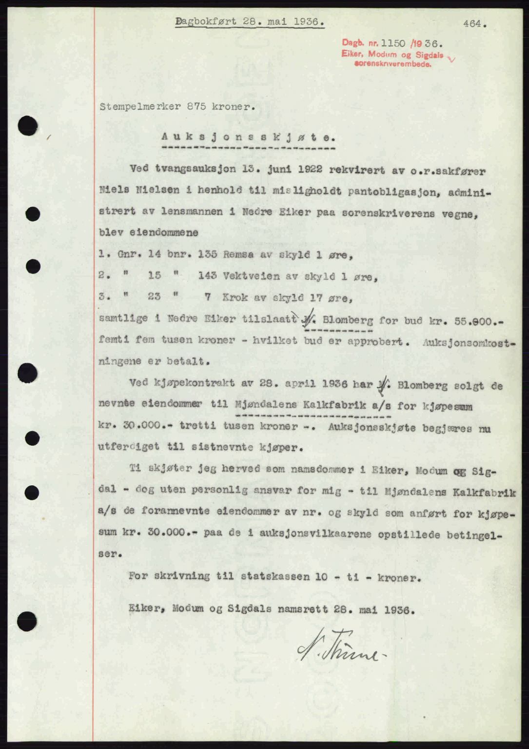 Eiker, Modum og Sigdal sorenskriveri, SAKO/A-123/G/Ga/Gab/L0032: Pantebok nr. A2, 1936-1936, Dagboknr: 1150/1936