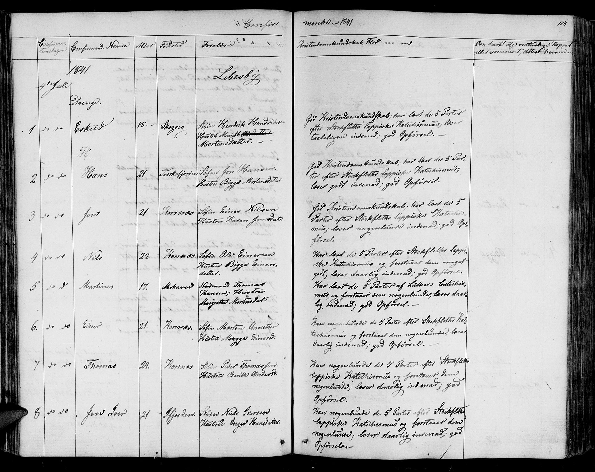 Lebesby sokneprestkontor, AV/SATØ-S-1353/H/Ha/L0003kirke: Ministerialbok nr. 3, 1833-1852, s. 104