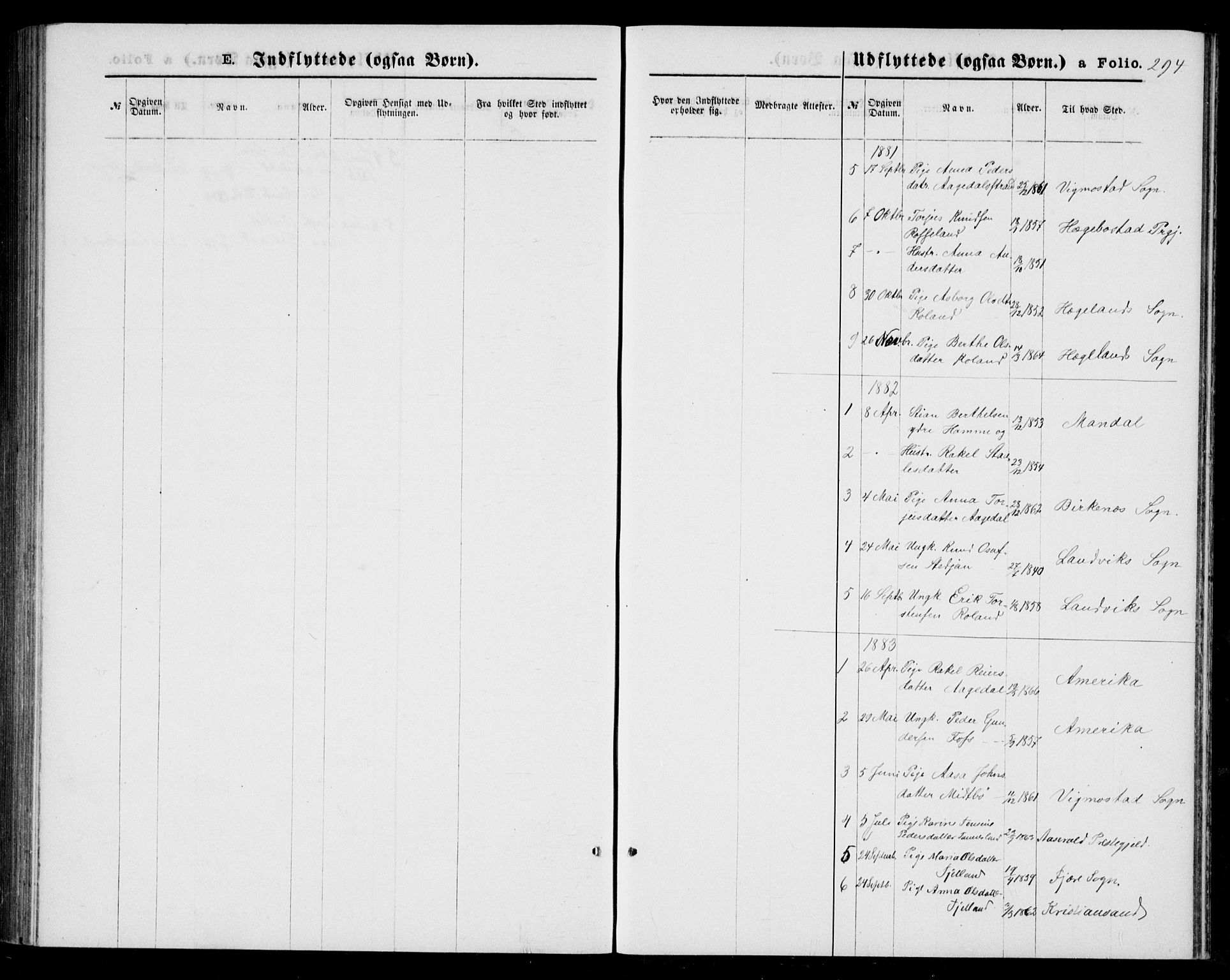 Bjelland sokneprestkontor, AV/SAK-1111-0005/F/Fb/Fba/L0004: Klokkerbok nr. B 4, 1869-1886, s. 294