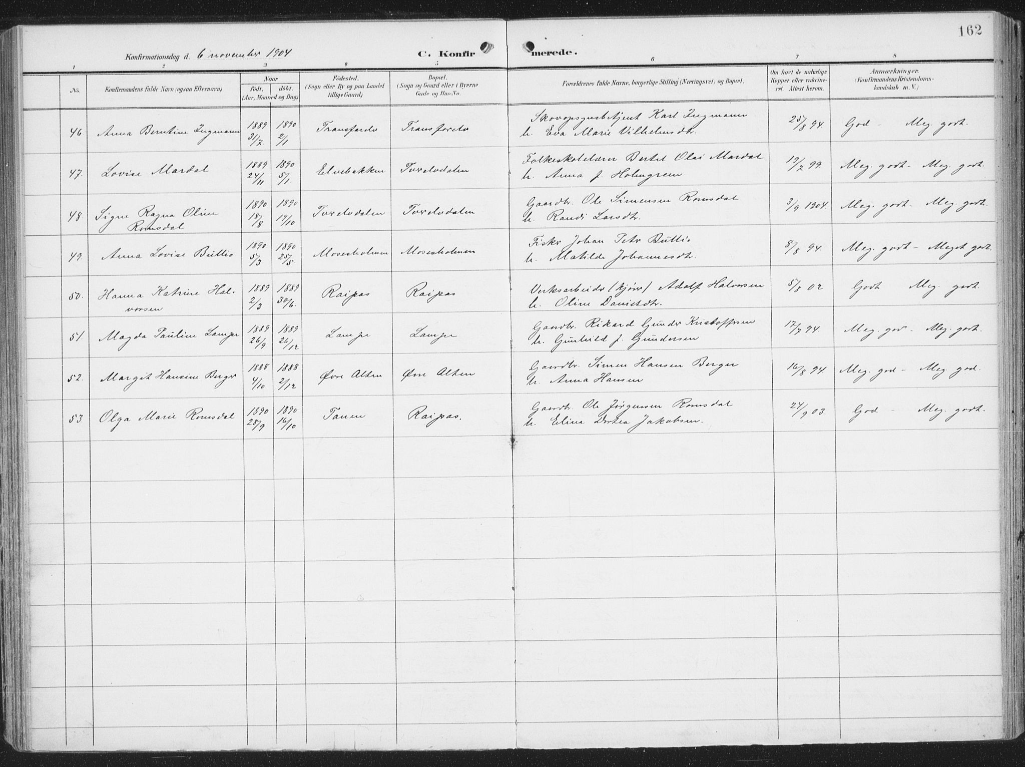 Alta sokneprestkontor, AV/SATØ-S-1338/H/Ha/L0005.kirke: Ministerialbok nr. 5, 1904-1918, s. 162