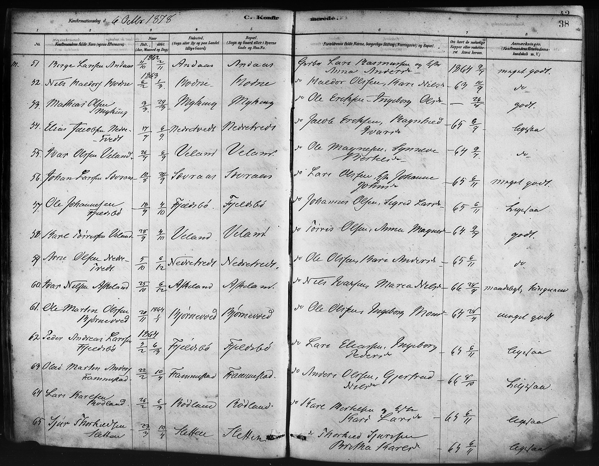 Lindås Sokneprestembete, AV/SAB-A-76701/H/Haa/Haaa/L0019: Ministerialbok nr. A 19, 1878-1912, s. 38