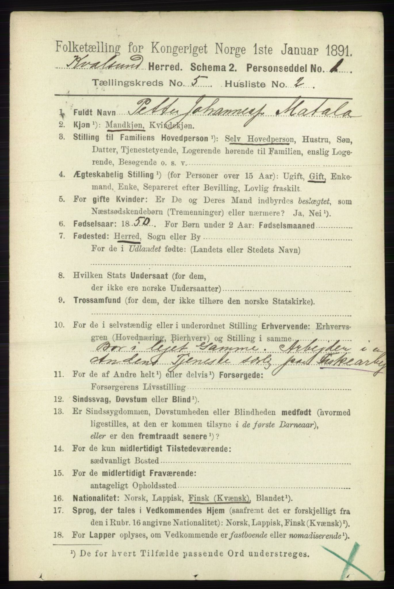 RA, Folketelling 1891 for 2017 Kvalsund herred, 1891, s. 523