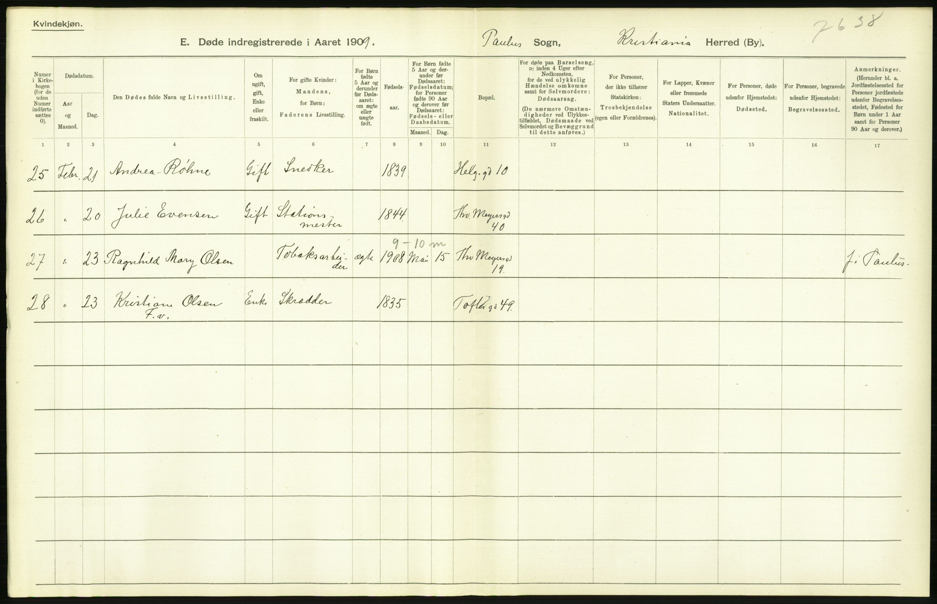 Statistisk sentralbyrå, Sosiodemografiske emner, Befolkning, AV/RA-S-2228/D/Df/Dfa/Dfag/L0010: Kristiania: Døde, dødfødte., 1909, s. 292