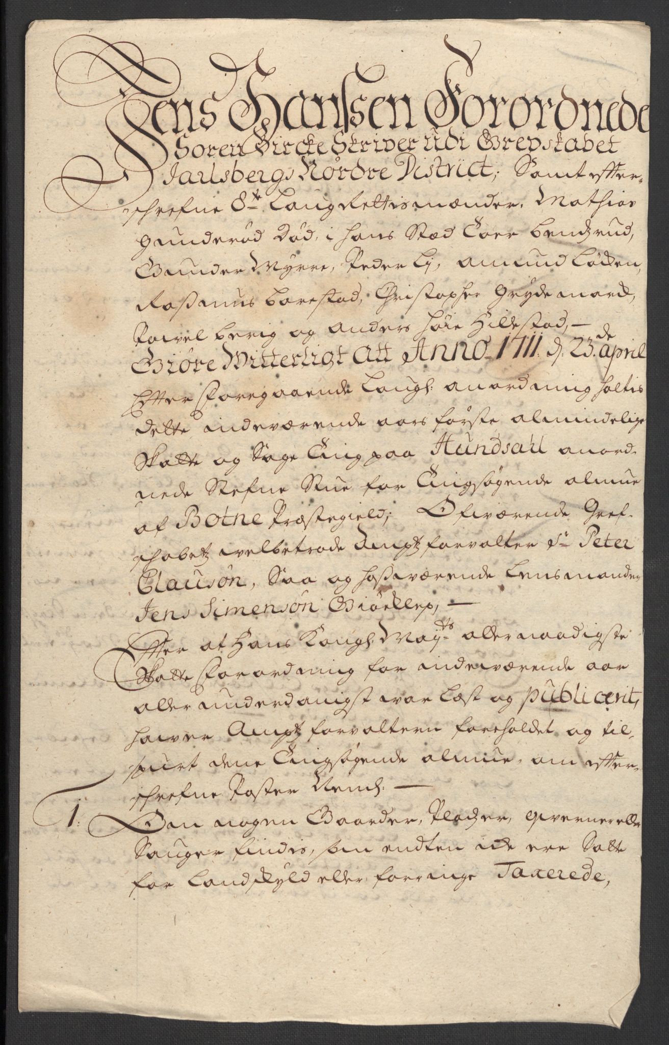 Rentekammeret inntil 1814, Reviderte regnskaper, Fogderegnskap, RA/EA-4092/R32/L1876: Fogderegnskap Jarlsberg grevskap, 1711, s. 374