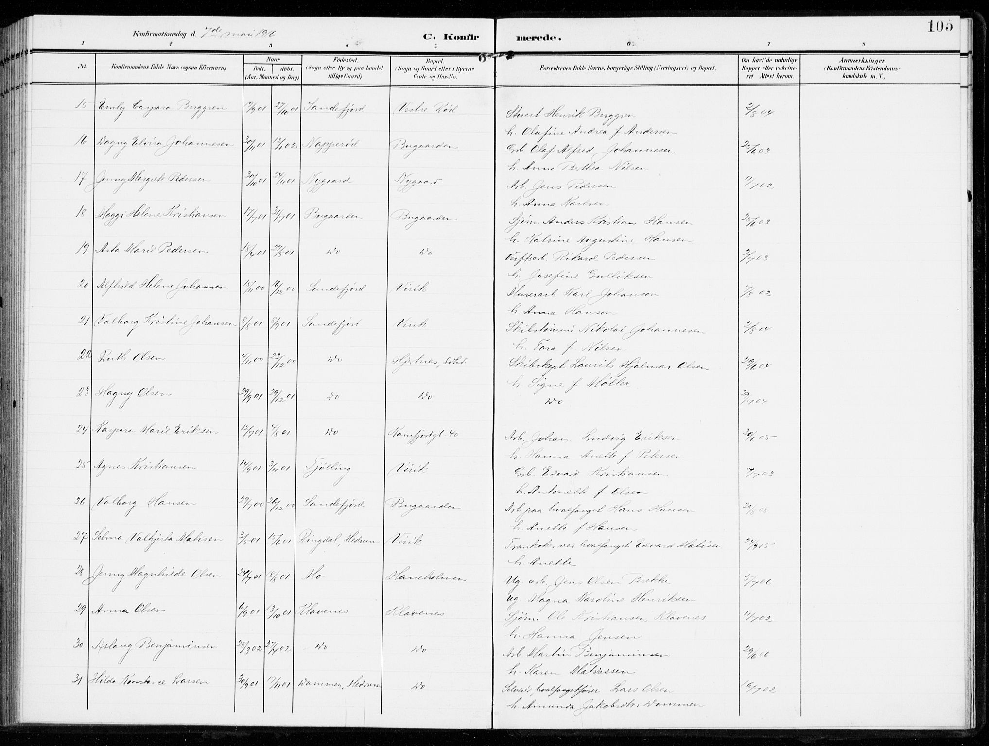 Sandar kirkebøker, AV/SAKO-A-243/F/Fa/L0017: Ministerialbok nr. 17, 1907-1917, s. 105