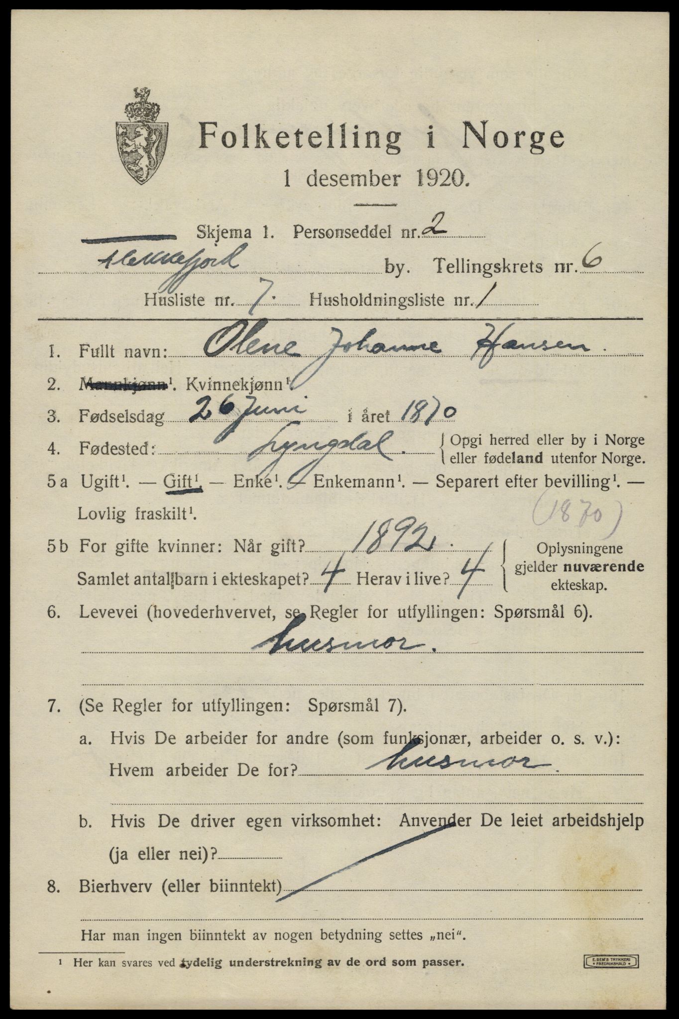SAK, Folketelling 1920 for 1004 Flekkefjord kjøpstad, 1920, s. 5824