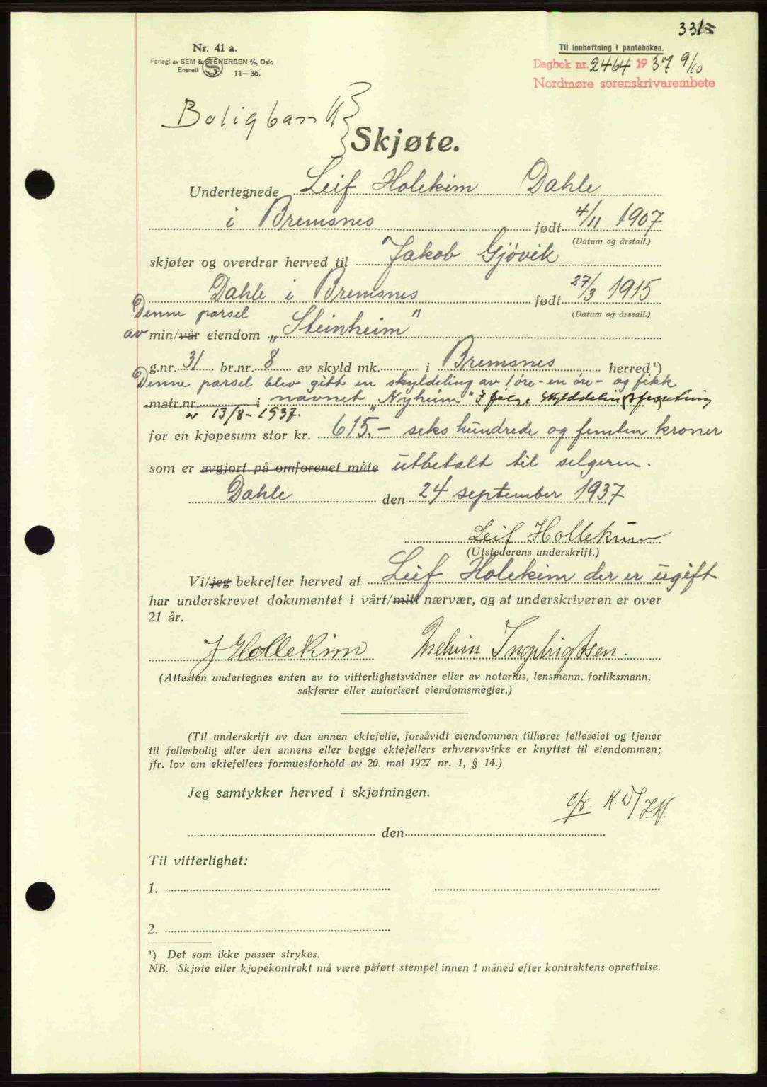 Nordmøre sorenskriveri, AV/SAT-A-4132/1/2/2Ca: Pantebok nr. A82, 1937-1938, Dagboknr: 2464/1937