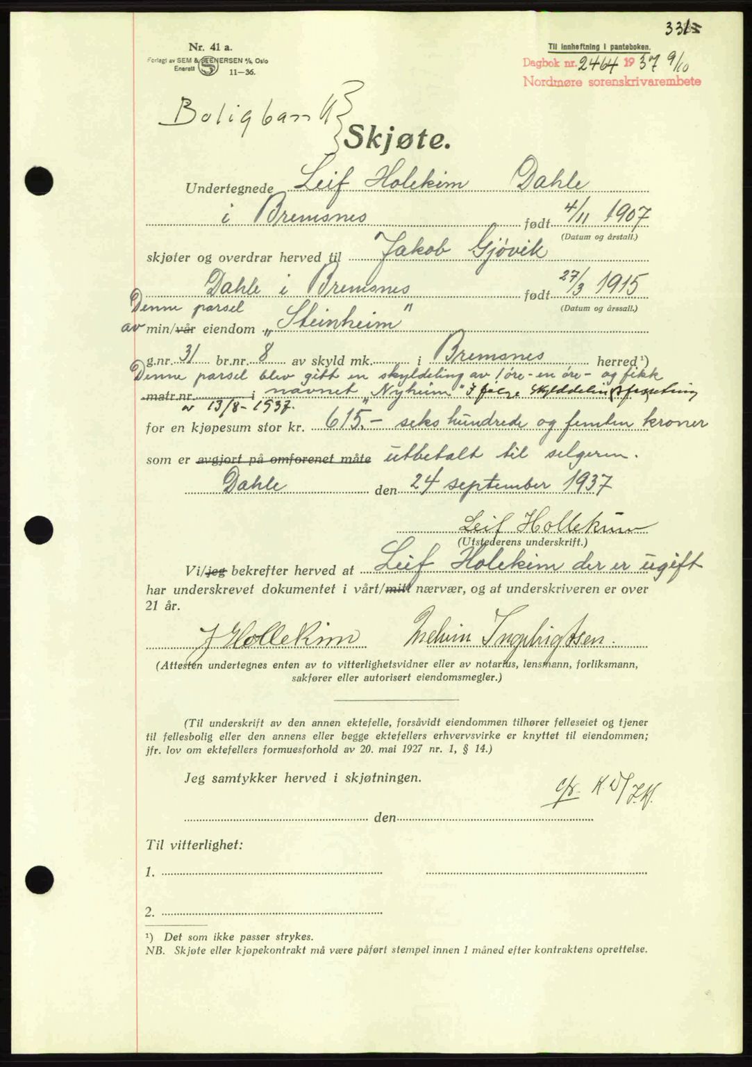 Nordmøre sorenskriveri, SAT/A-4132/1/2/2Ca: Pantebok nr. A82, 1937-1938, Dagboknr: 2464/1937