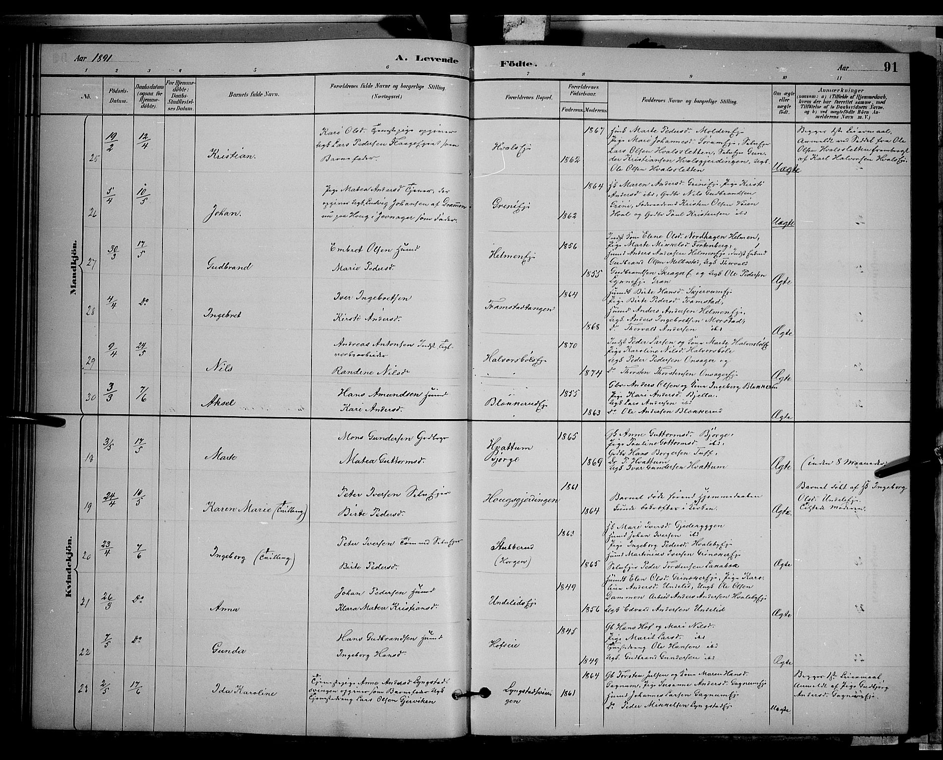 Gran prestekontor, AV/SAH-PREST-112/H/Ha/Hab/L0002: Klokkerbok nr. 2, 1879-1892, s. 91