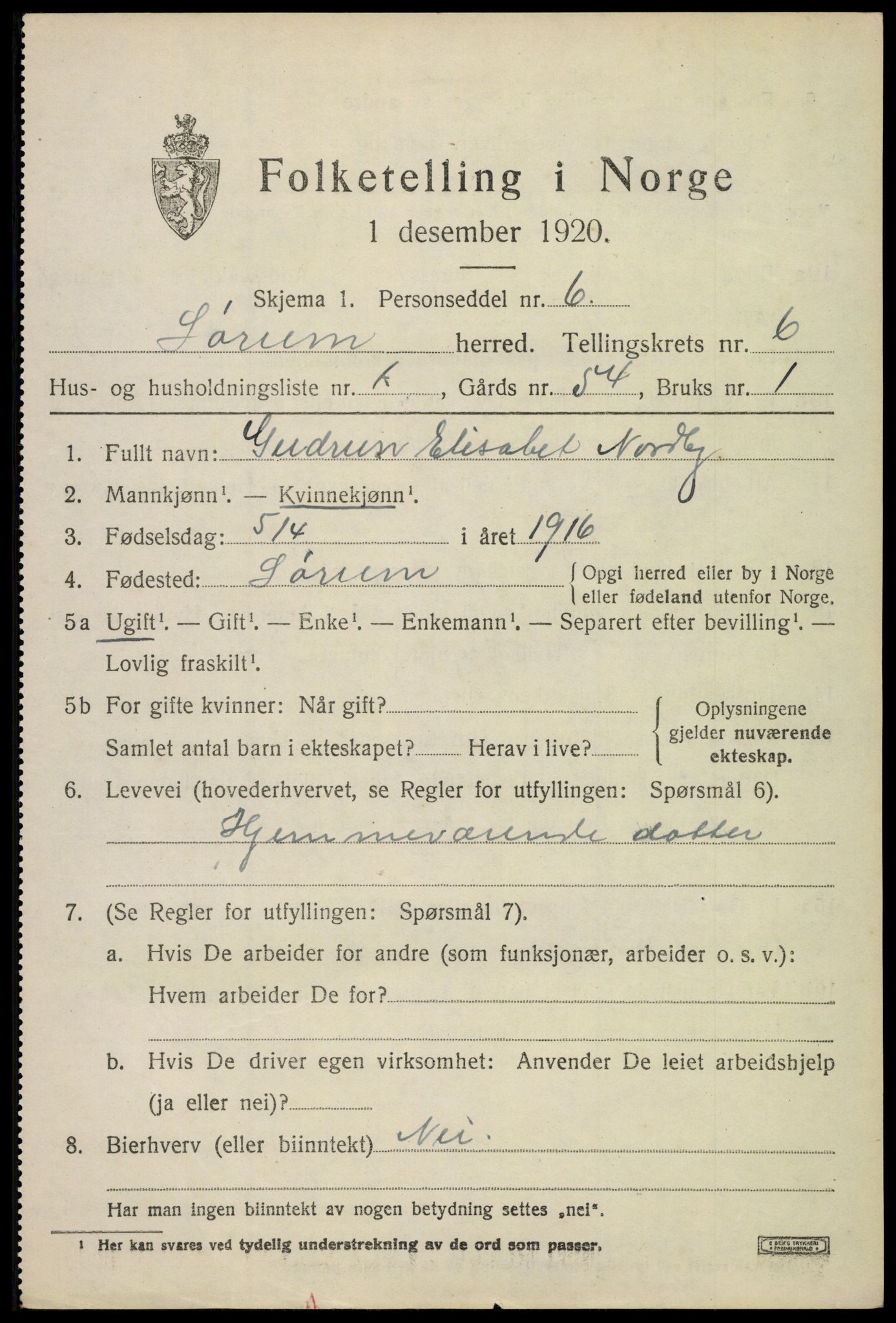 SAO, Folketelling 1920 for 0226 Sørum herred, 1920, s. 5457