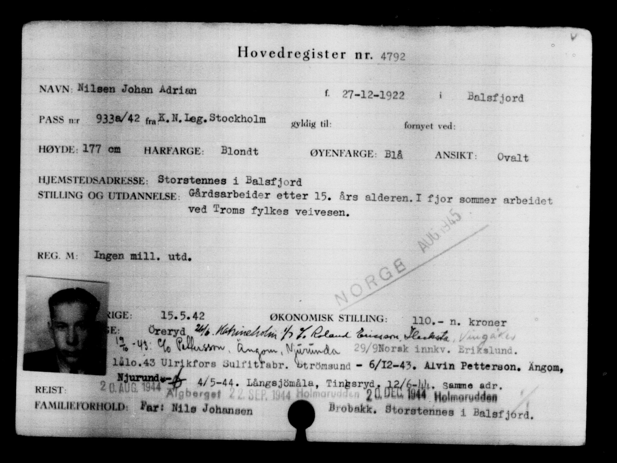 Utenriksstasjonene, Legasjonen i Stockholm, Flyktningkontoret, AV/RA-S-6753/V/Va/L0004: Kjesäterkartoteket, flyktninger med registreringsnr. 3496-6610, 1940-1945, s. 1533