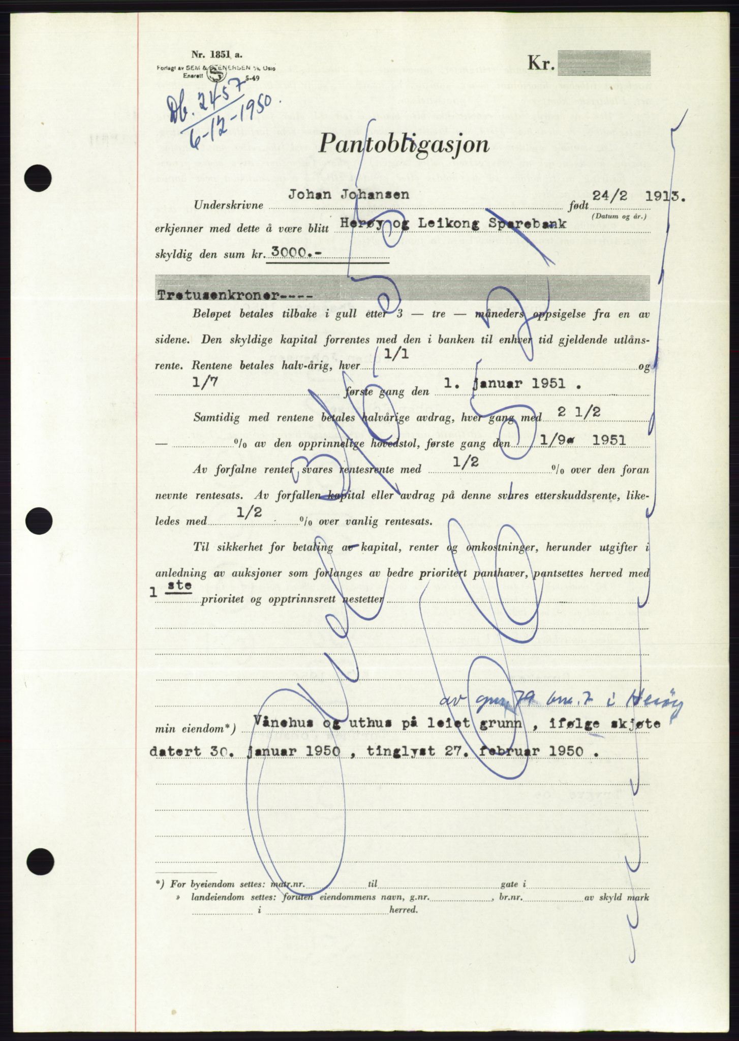 Søre Sunnmøre sorenskriveri, AV/SAT-A-4122/1/2/2C/L0119: Pantebok nr. 7B, 1950-1951, Dagboknr: 2457/1950