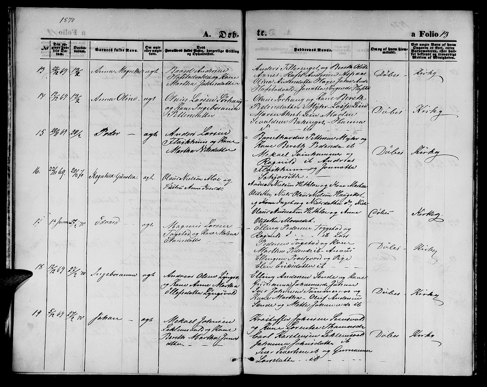 Ministerialprotokoller, klokkerbøker og fødselsregistre - Nord-Trøndelag, AV/SAT-A-1458/723/L0255: Klokkerbok nr. 723C03, 1869-1879, s. 13