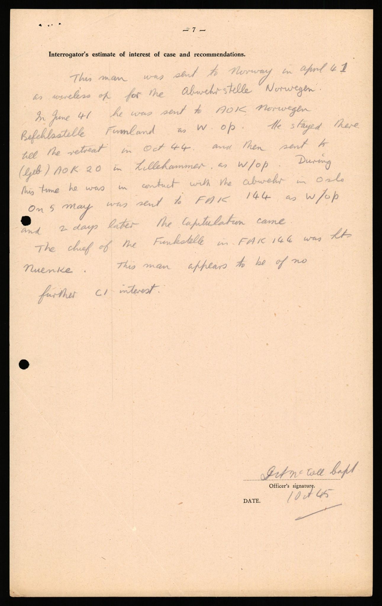 Forsvaret, Forsvarets overkommando II, AV/RA-RAFA-3915/D/Db/L0040: CI Questionaires. Tyske okkupasjonsstyrker i Norge. Østerrikere., 1945-1946, s. 257
