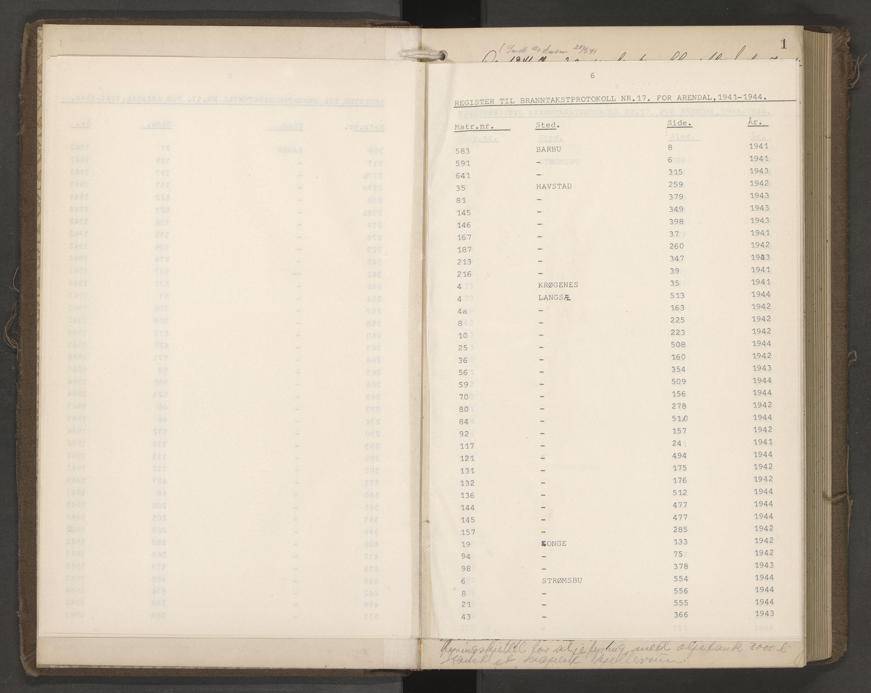 Norges Brannkasse Arendal, AV/SAK-2241-0002/F/Fa/L0034: Branntakstprotokoll nr. 32 med matrikkelnummerregister, 1941-1944