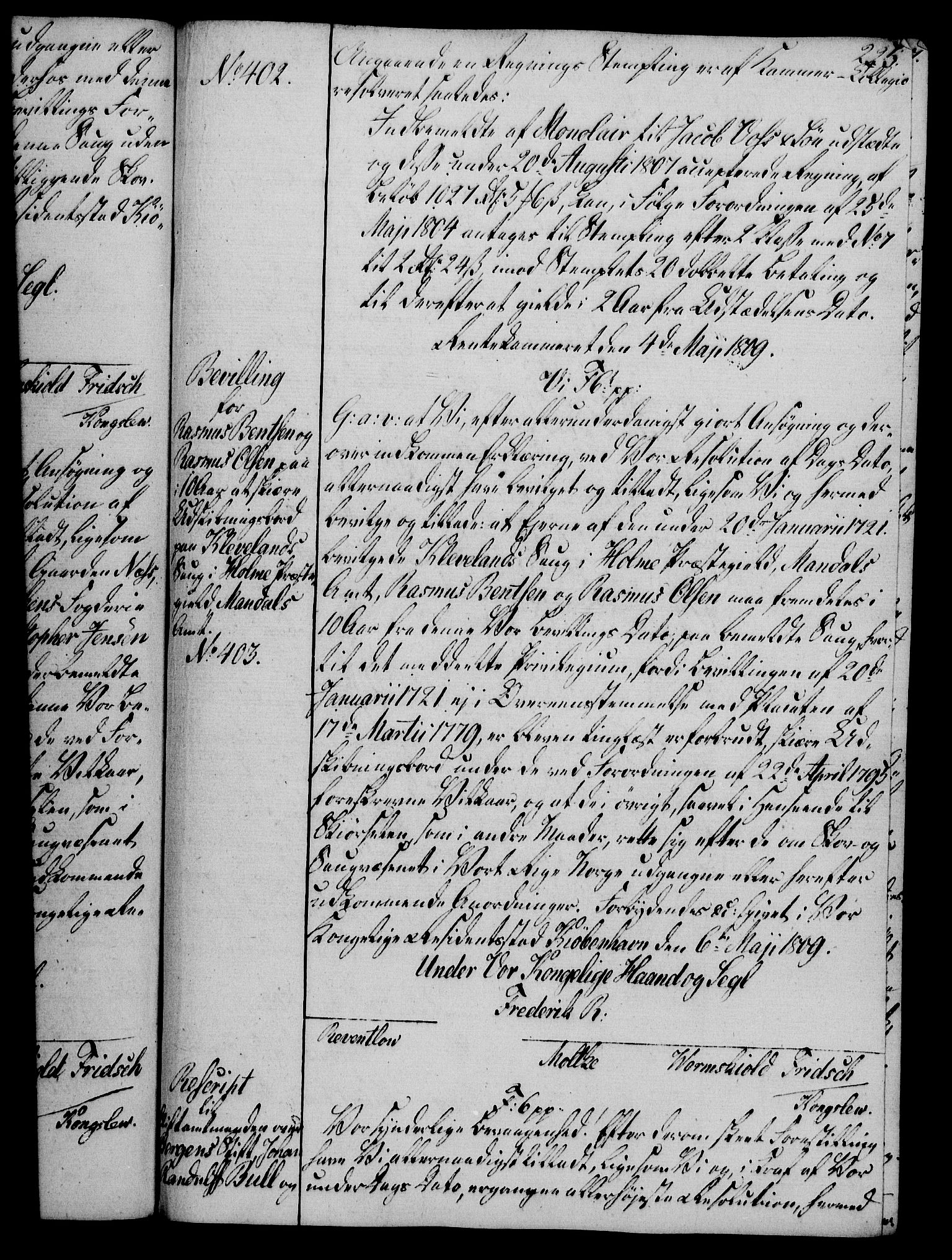 Rentekammeret, Kammerkanselliet, AV/RA-EA-3111/G/Gg/Gga/L0019: Norsk ekspedisjonsprotokoll med register (merket RK 53.19), 1807-1810, s. 225