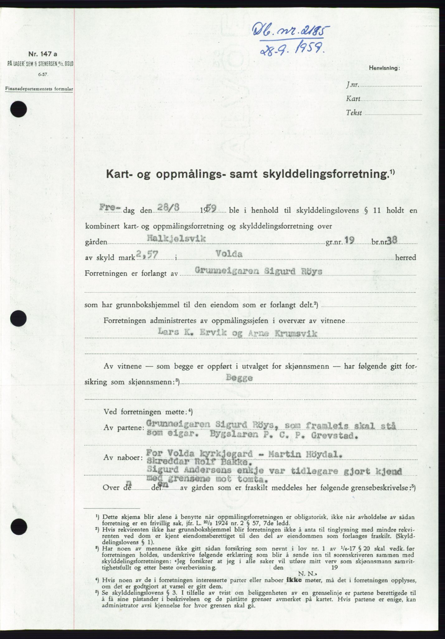 Søre Sunnmøre sorenskriveri, SAT/A-4122/1/2/2C/L0113: Pantebok nr. 39A, 1959-1959, Dagboknr: 2185/1959