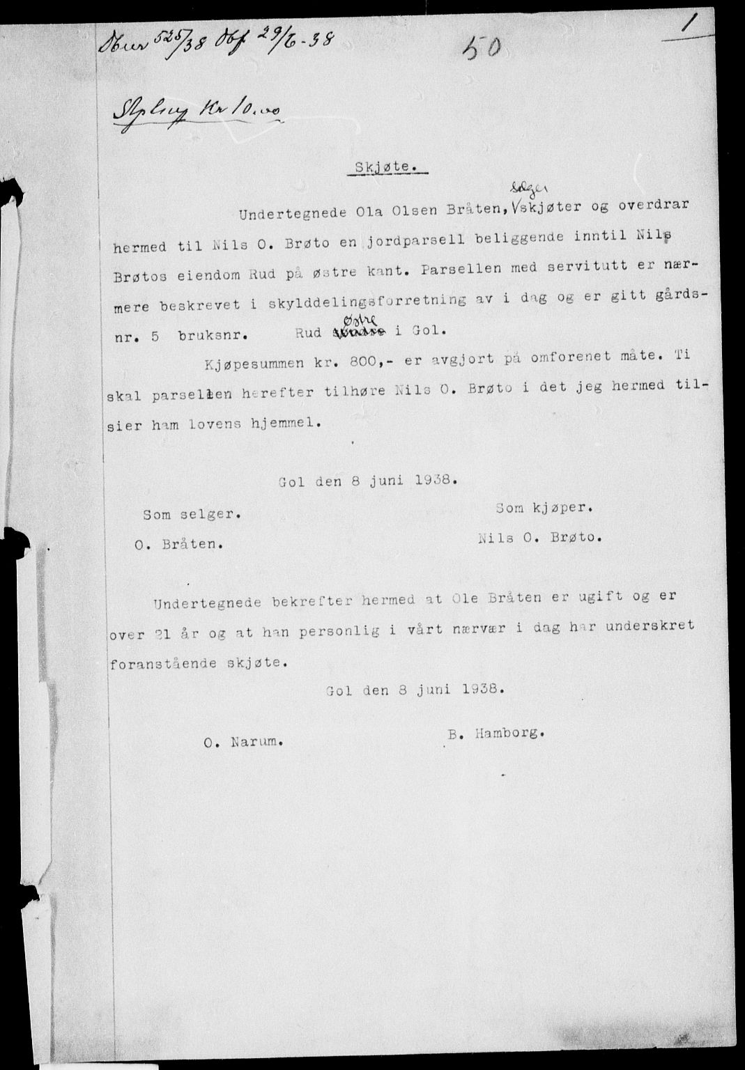 Hallingdal sorenskriveri, SAKO/A-121/G/Ga/L0050: Pantebok nr. 50, 1938-1938, s. 1