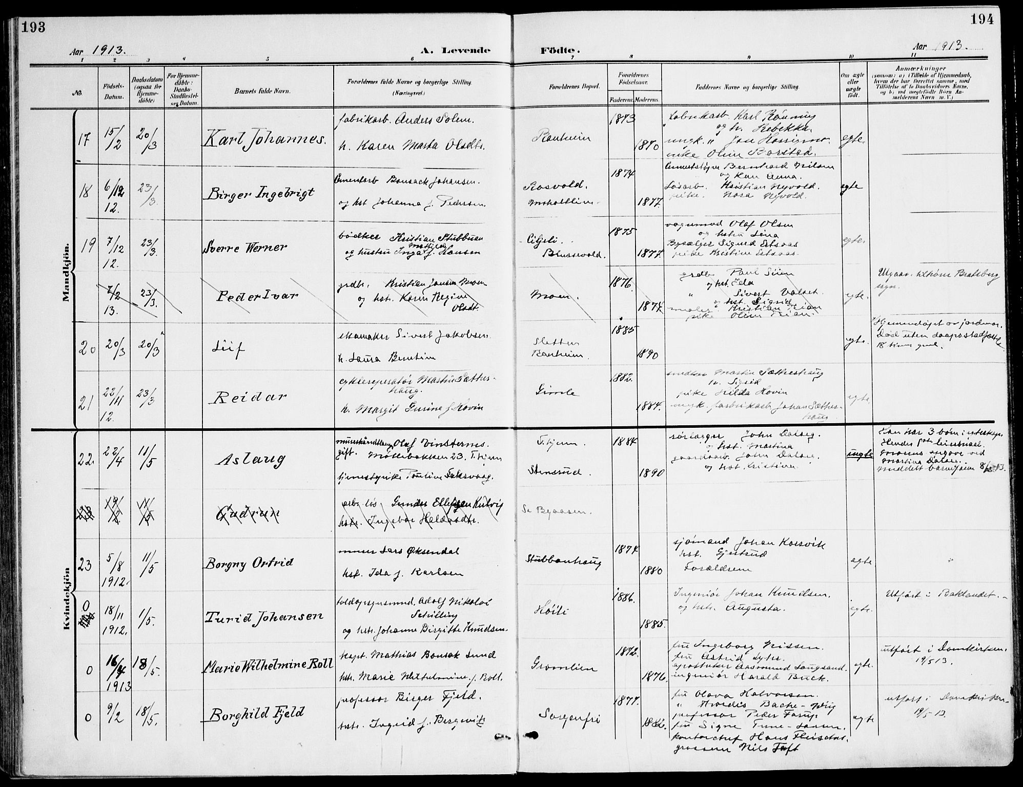 Ministerialprotokoller, klokkerbøker og fødselsregistre - Sør-Trøndelag, AV/SAT-A-1456/607/L0320: Ministerialbok nr. 607A04, 1907-1915, s. 193-194