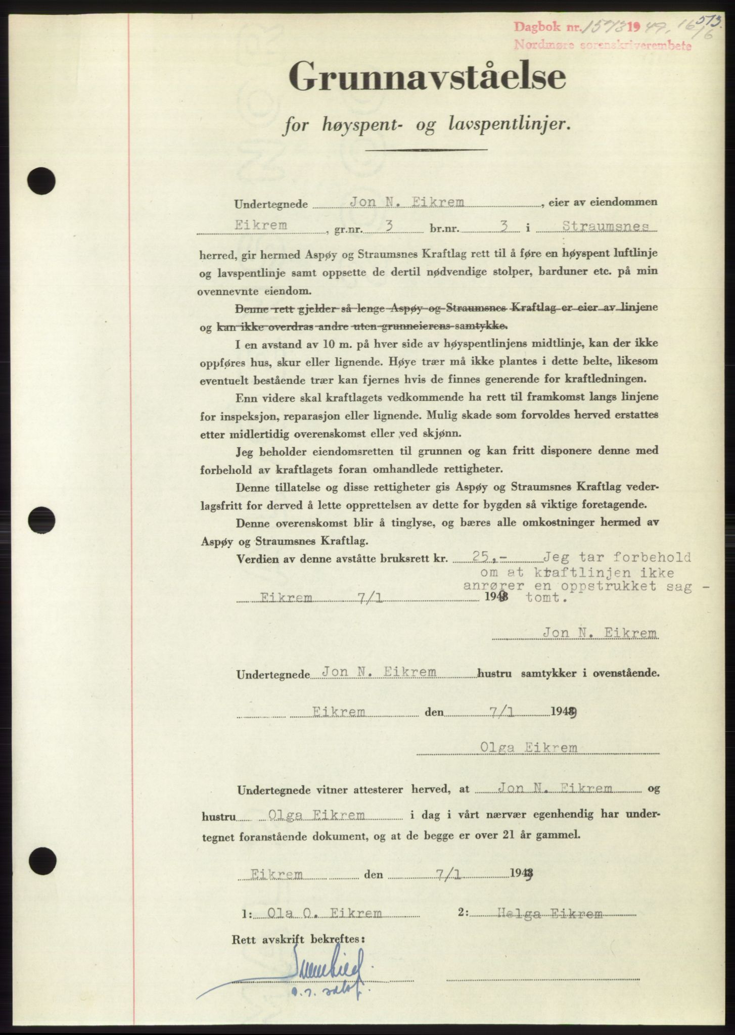 Nordmøre sorenskriveri, SAT/A-4132/1/2/2Ca: Pantebok nr. B101, 1949-1949, Dagboknr: 1573/1949