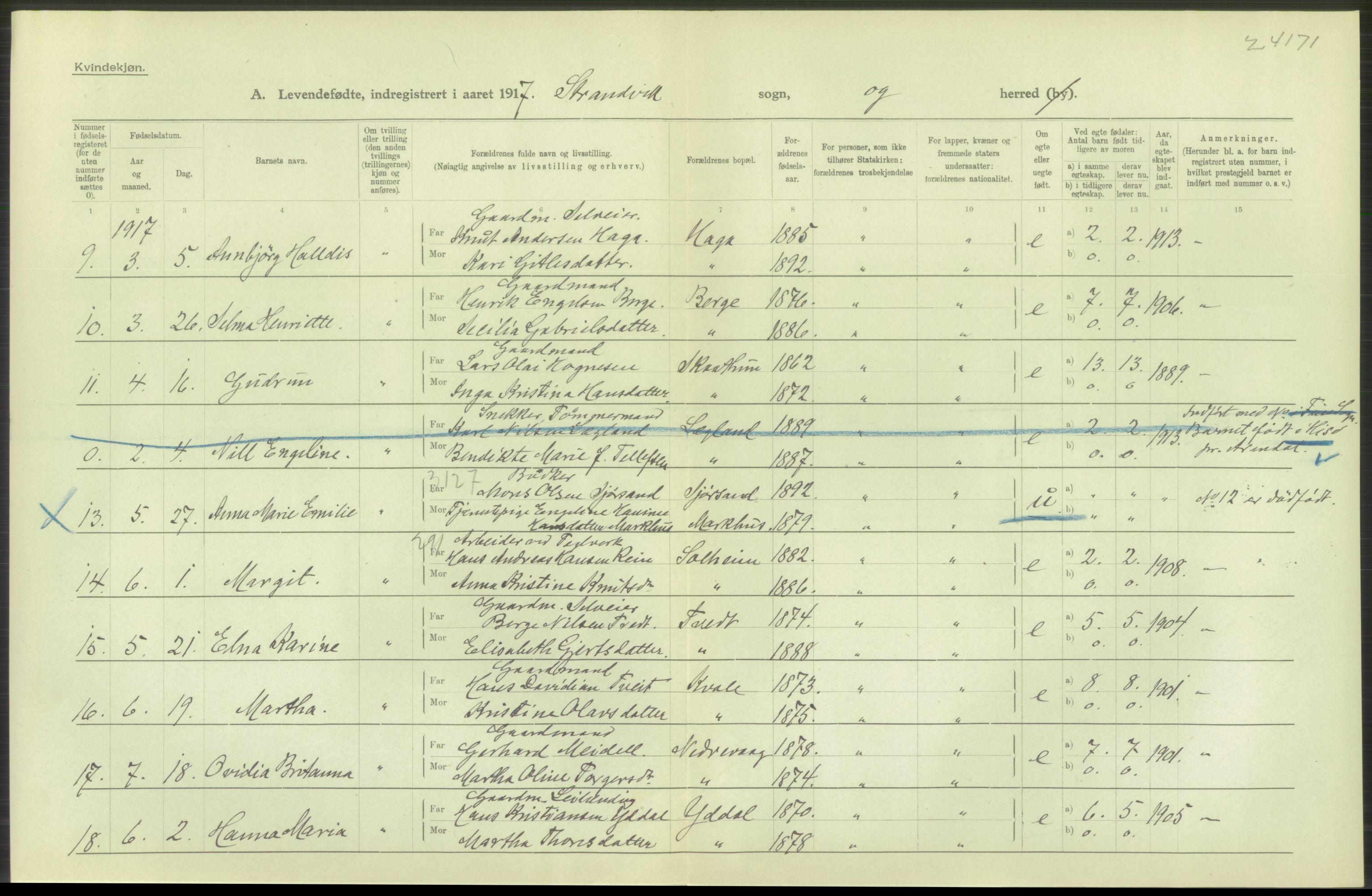 Statistisk sentralbyrå, Sosiodemografiske emner, Befolkning, RA/S-2228/D/Df/Dfb/Dfbg/L0034: S. Bergenhus amt: Levendefødte menn og kvinner. Bygder., 1917, s. 522