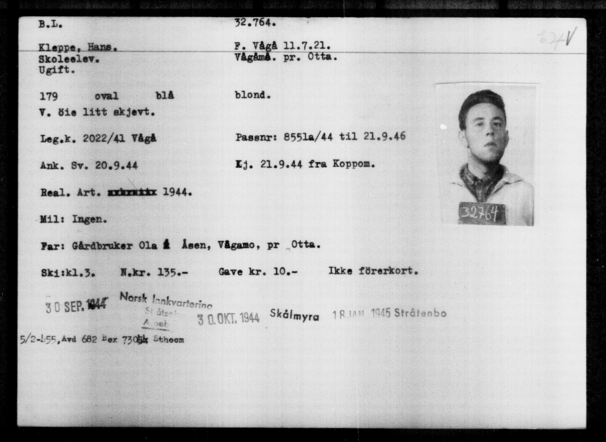 Utenriksstasjonene, Legasjonen i Stockholm, Flyktningkontoret, AV/RA-S-6753/V/Va/L0013: Kjesäterkartoteket, flyktninger med registreringsnr. 31500-34731, 1940-1945, s. 1326