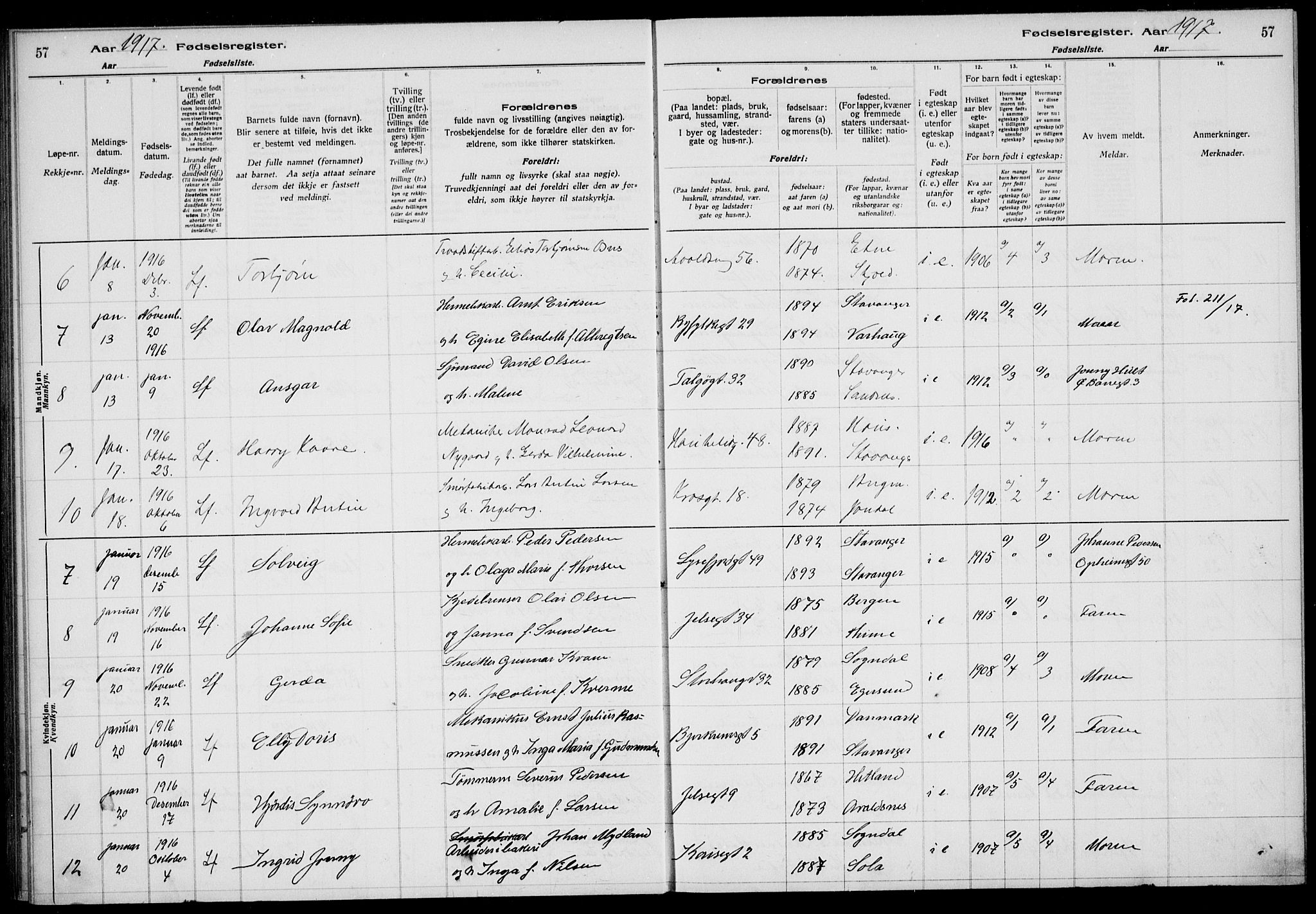 St. Johannes sokneprestkontor, AV/SAST-A-101814/002/A/L0001: Fødselsregister nr. 1, 1916-1919, s. 57