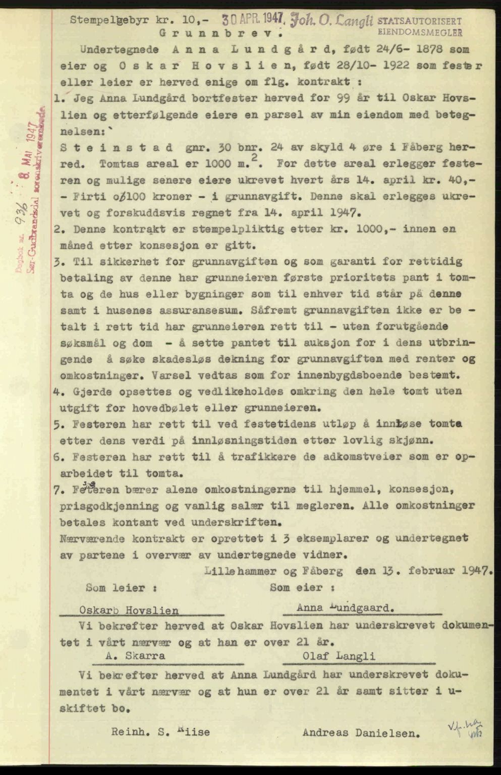 Sør-Gudbrandsdal tingrett, SAH/TING-004/H/Hb/Hbd/L0018: Pantebok nr. A18, 1947-1947, Dagboknr: 936/1947