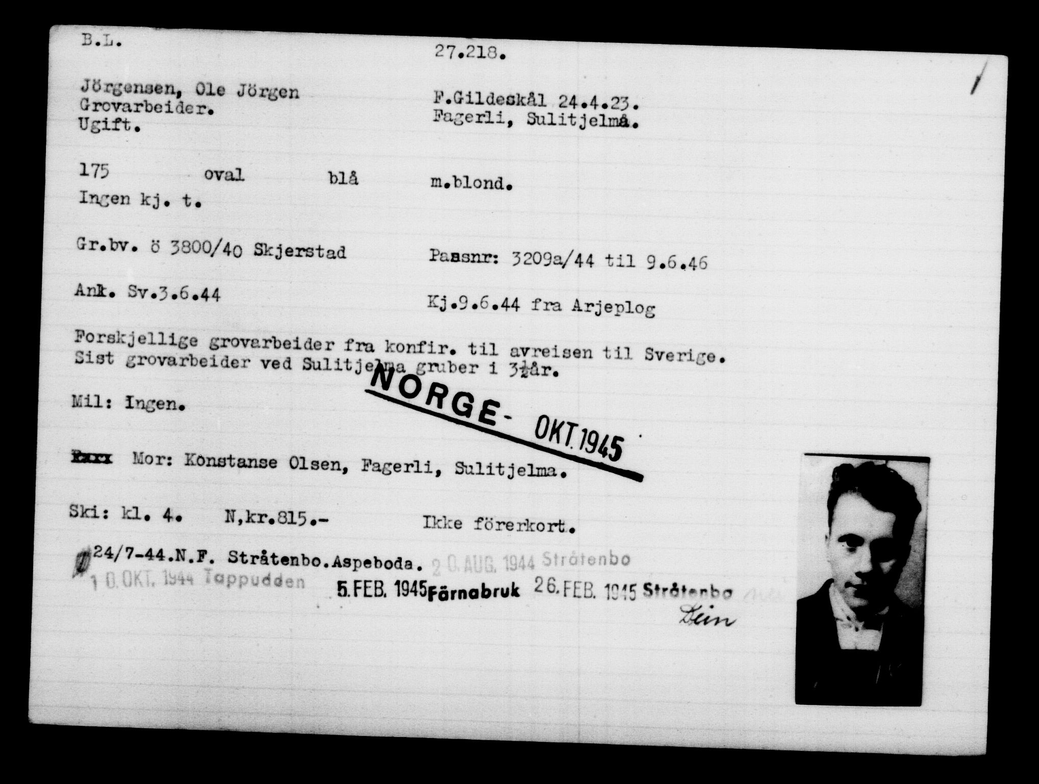 Utenriksstasjonene, Legasjonen i Stockholm, Flyktningkontoret, AV/RA-S-6753/V/Va/L0011: Kjesäterkartoteket, flyktninger med registreringsnr. 25300-28349, 1940-1945, s. 2023