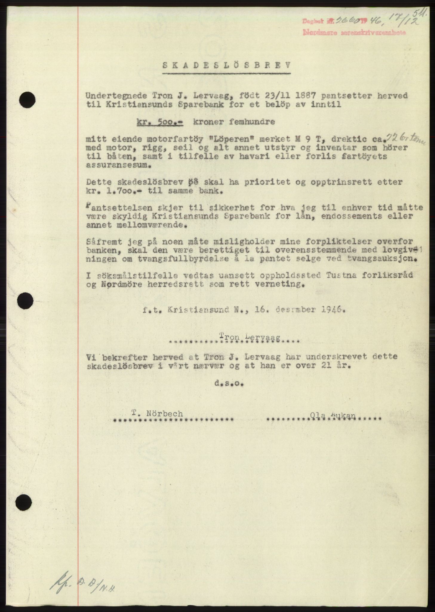 Nordmøre sorenskriveri, SAT/A-4132/1/2/2Ca: Pantebok nr. B95, 1946-1947, Dagboknr: 2660/1946