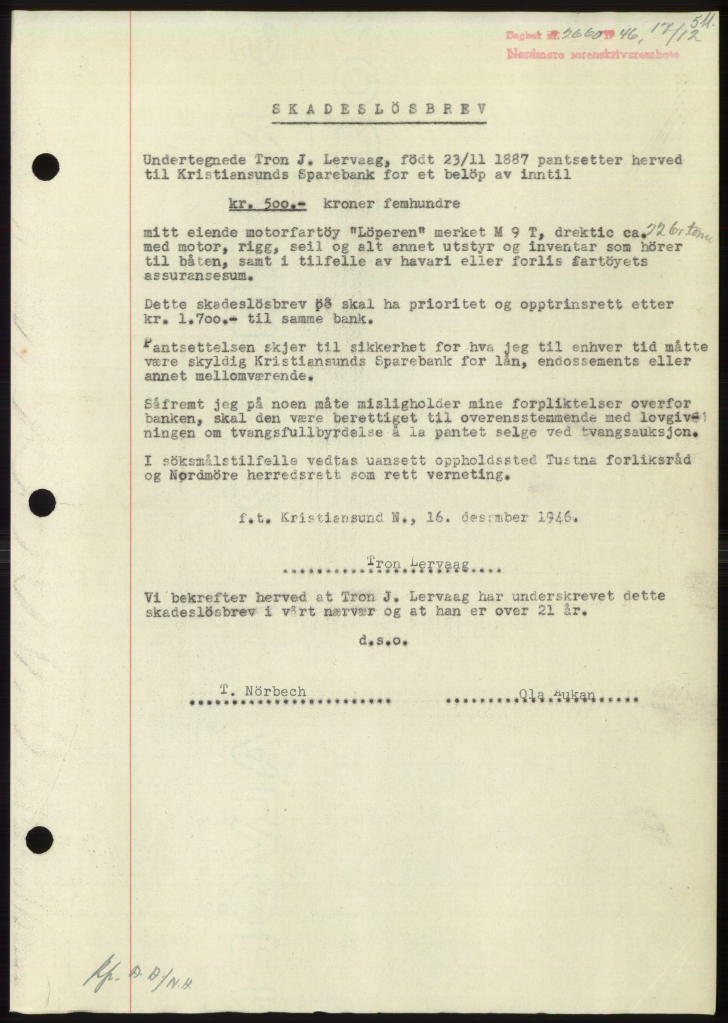 Nordmøre sorenskriveri, AV/SAT-A-4132/1/2/2Ca: Pantebok nr. B95, 1946-1947, Dagboknr: 2660/1946
