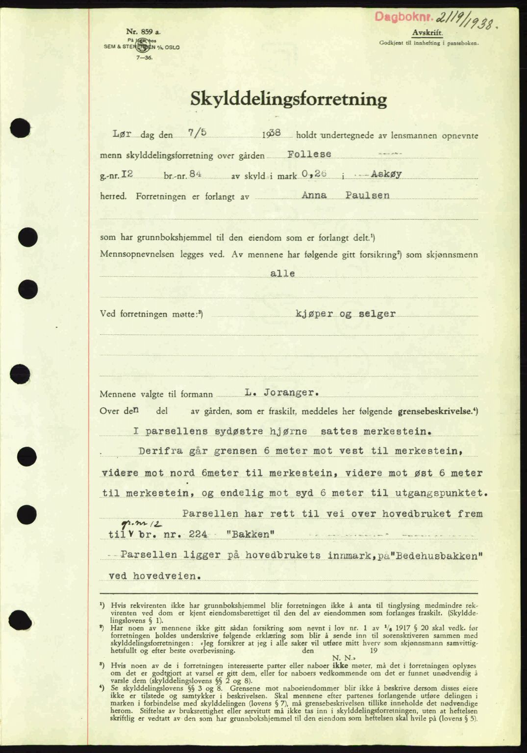 Midhordland sorenskriveri, SAB/A-3001/1/G/Gb/Gbh/L0005: Pantebok nr. A9-10, 1938-1938, Dagboknr: 2119/1938