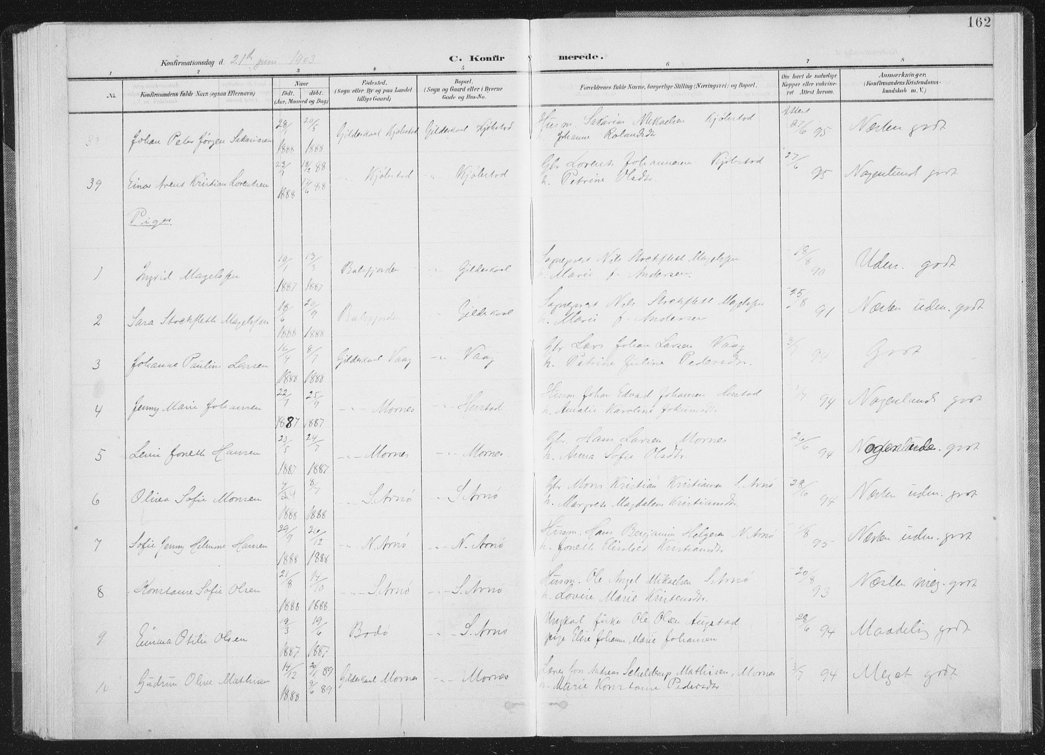 Ministerialprotokoller, klokkerbøker og fødselsregistre - Nordland, AV/SAT-A-1459/805/L0102: Ministerialbok nr. 805A08I, 1900-1909, s. 162