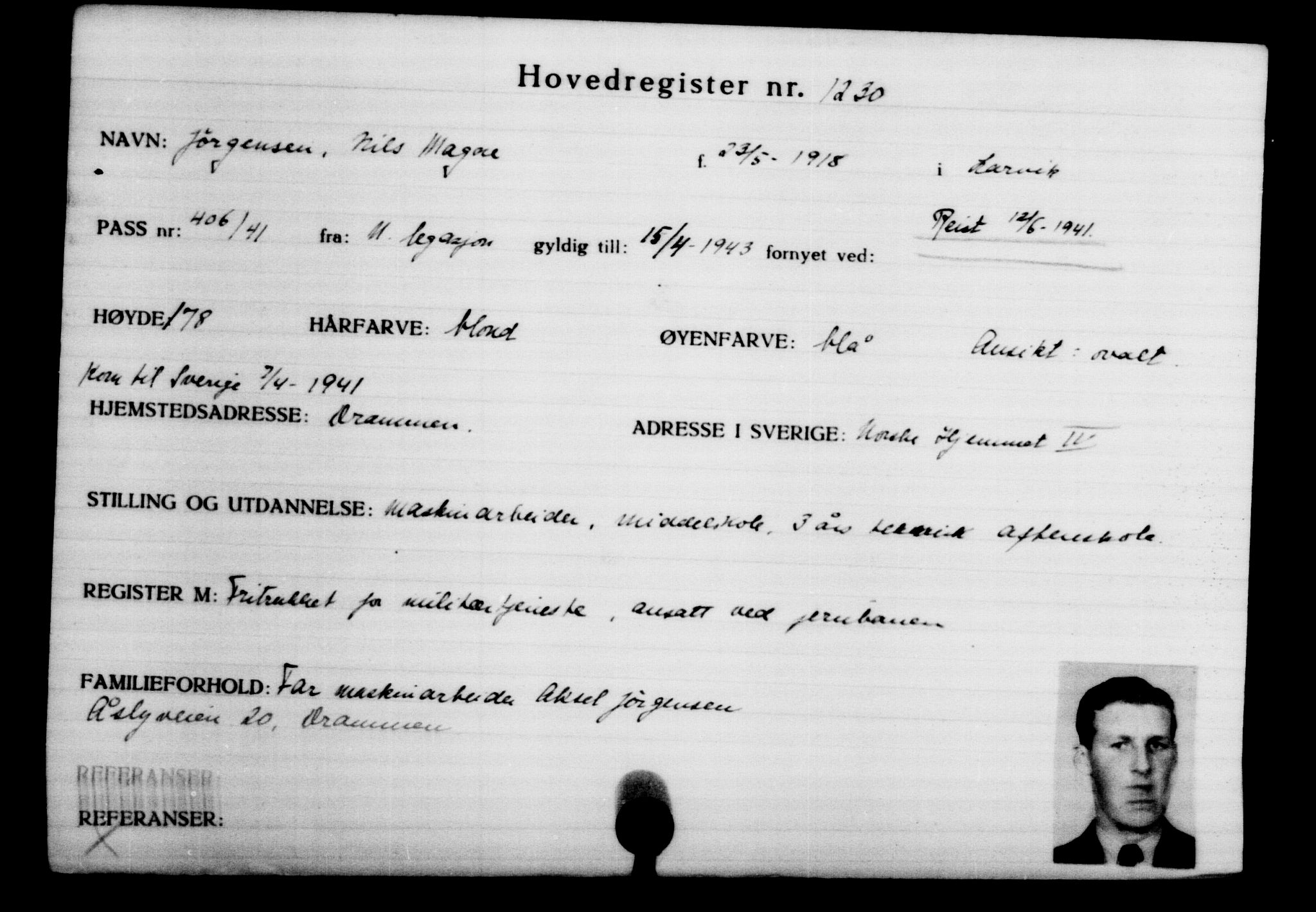 Utenriksstasjonene, Legasjonen i Stockholm, Flyktningkontoret, AV/RA-S-6753/V/Va/L0002: Kjesäterkartoteket, flyktninger med registreringsnr. 1001-2000, 1940-1945, s. 347
