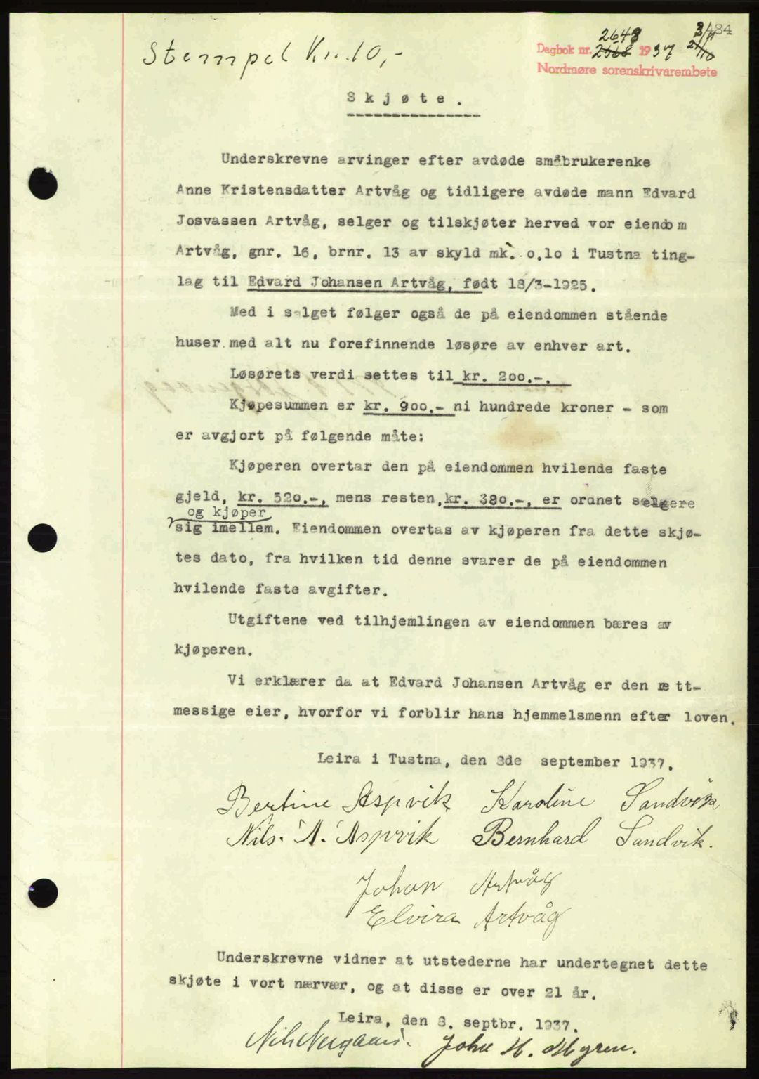 Nordmøre sorenskriveri, AV/SAT-A-4132/1/2/2Ca: Pantebok nr. A82, 1937-1938, Dagboknr: 2643/1937