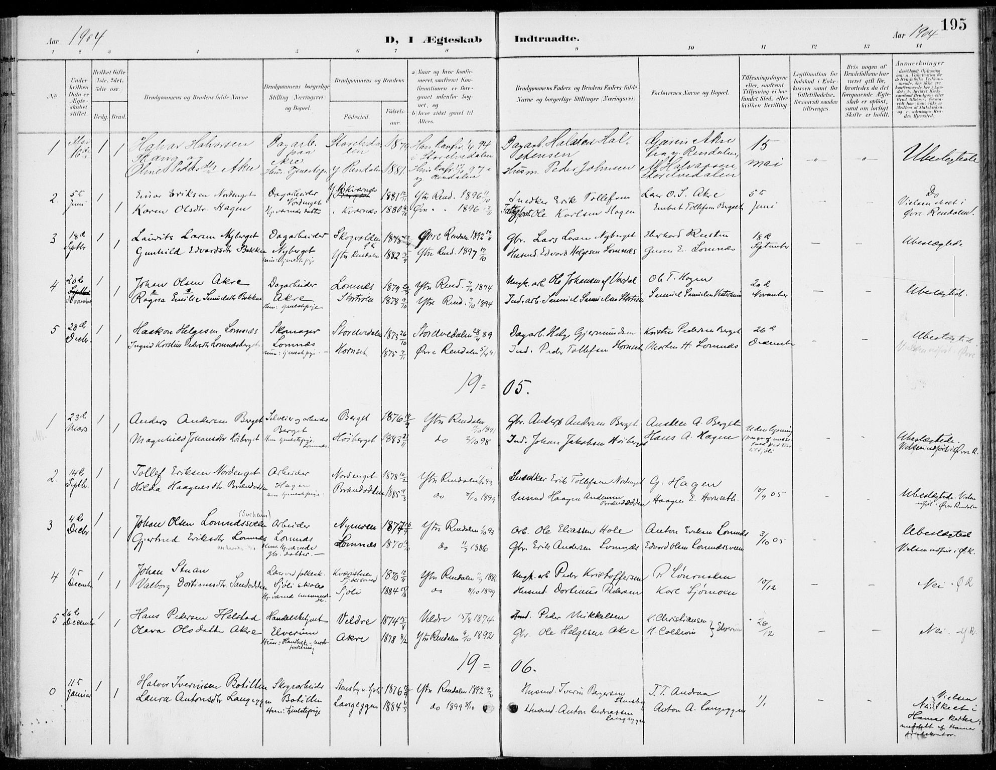 Rendalen prestekontor, AV/SAH-PREST-054/H/Ha/Haa/L0011: Ministerialbok nr. 11, 1901-1925, s. 195
