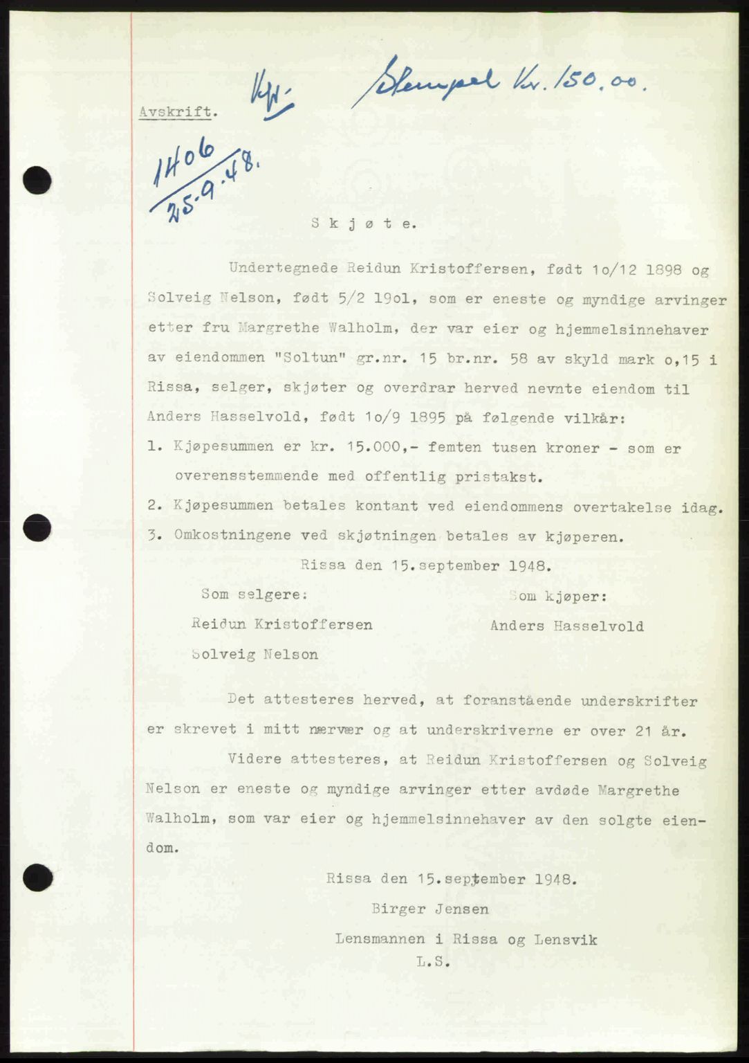 Fosen sorenskriveri, AV/SAT-A-1107/1/2/2C: Pantebok nr. A7-9, 1947-1949, Dagboknr: 1406/1948