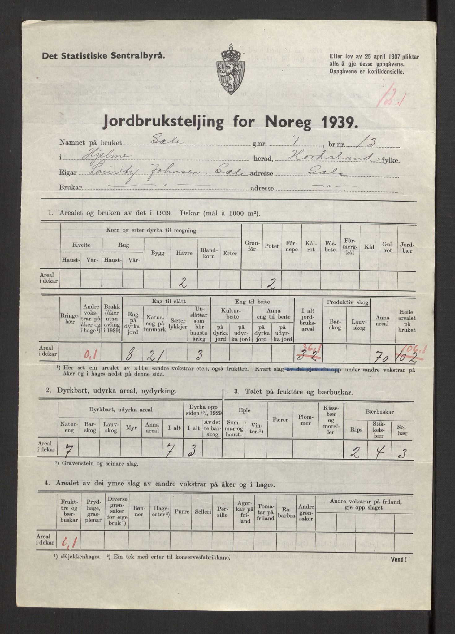 Statistisk sentralbyrå, Næringsøkonomiske emner, Jordbruk, skogbruk, jakt, fiske og fangst, AV/RA-S-2234/G/Gb/L0211: Hordaland: Herdla, Hjelme og Manger, 1939, s. 1389