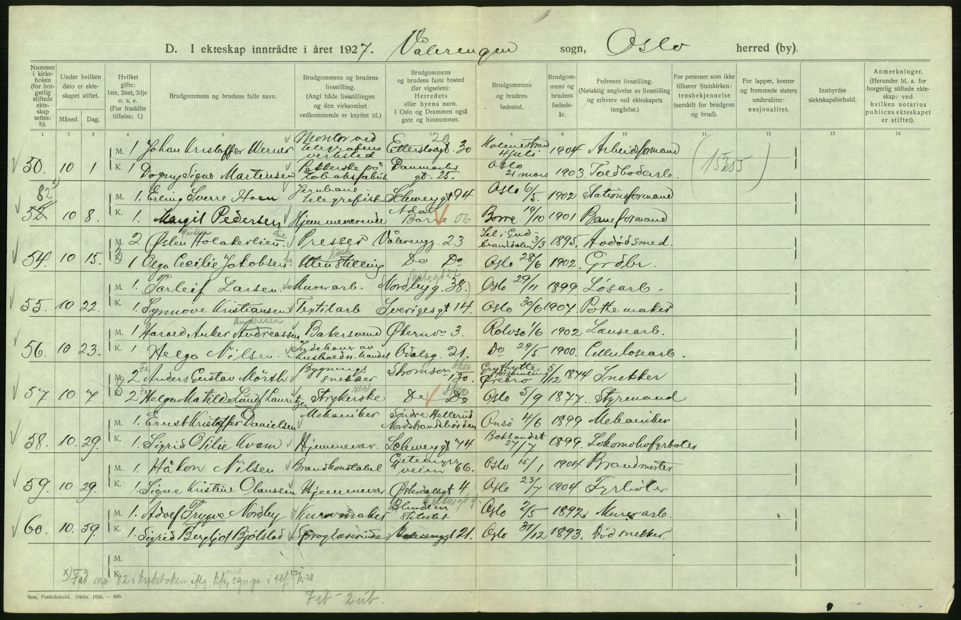 Statistisk sentralbyrå, Sosiodemografiske emner, Befolkning, AV/RA-S-2228/D/Df/Dfc/Dfcg/L0008: Oslo: Gifte, 1927, s. 598