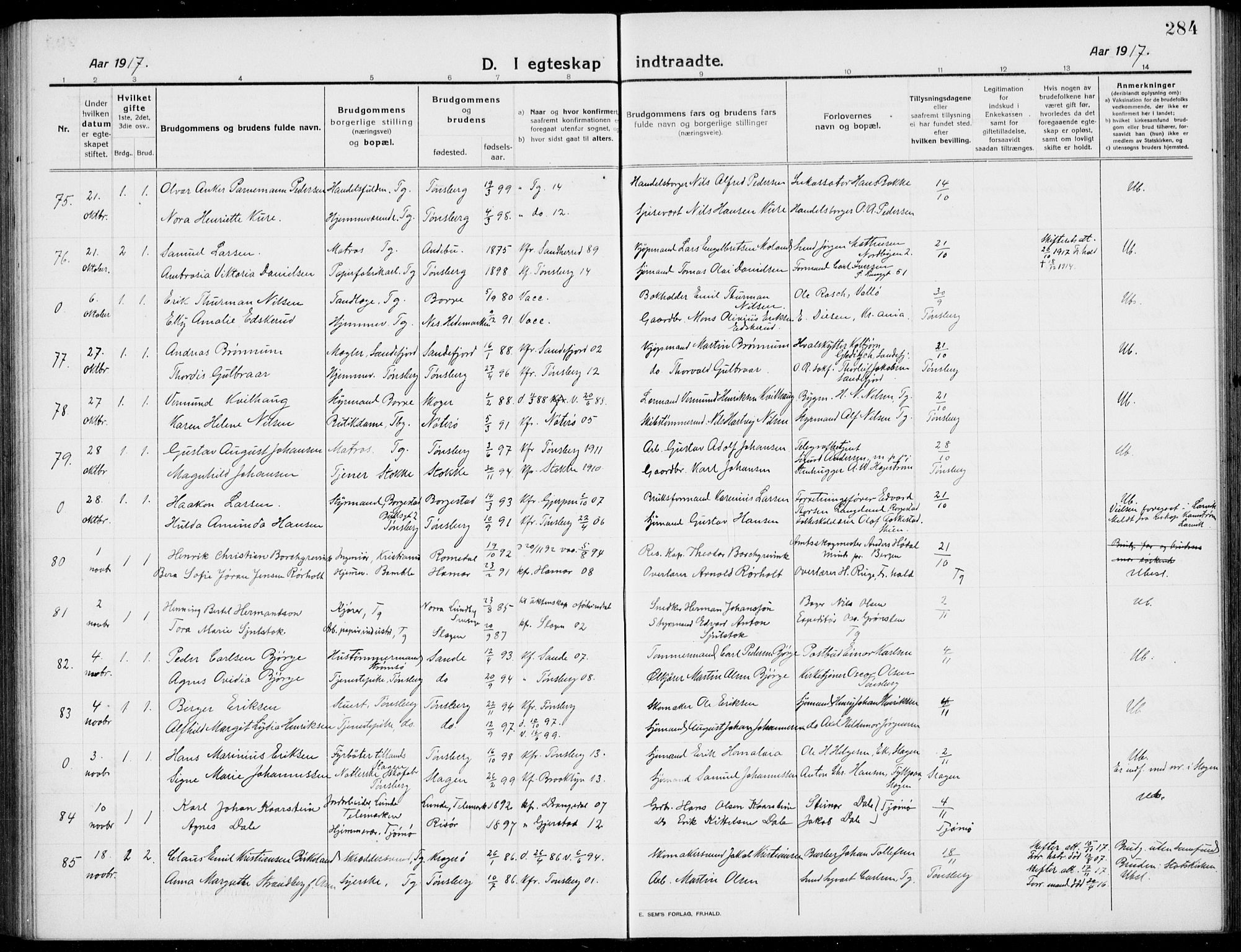 Tønsberg kirkebøker, AV/SAKO-A-330/G/Ga/L0009: Klokkerbok nr. 9, 1913-1920, s. 284