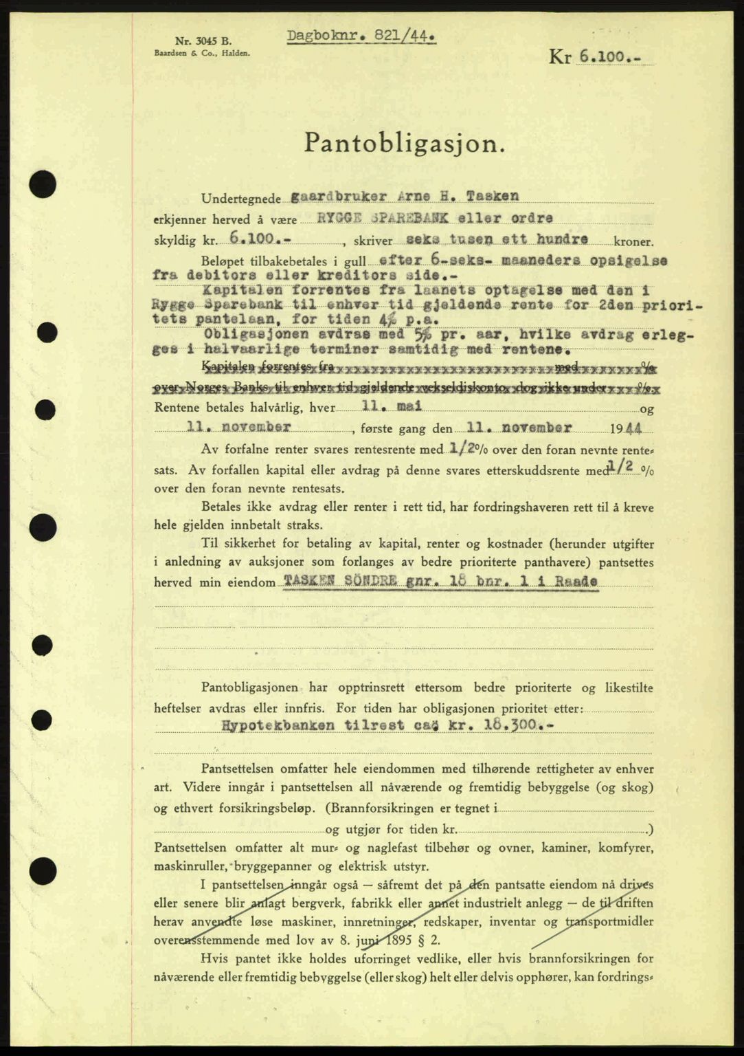 Moss sorenskriveri, SAO/A-10168: Pantebok nr. B13, 1943-1945, Dagboknr: 821/1944