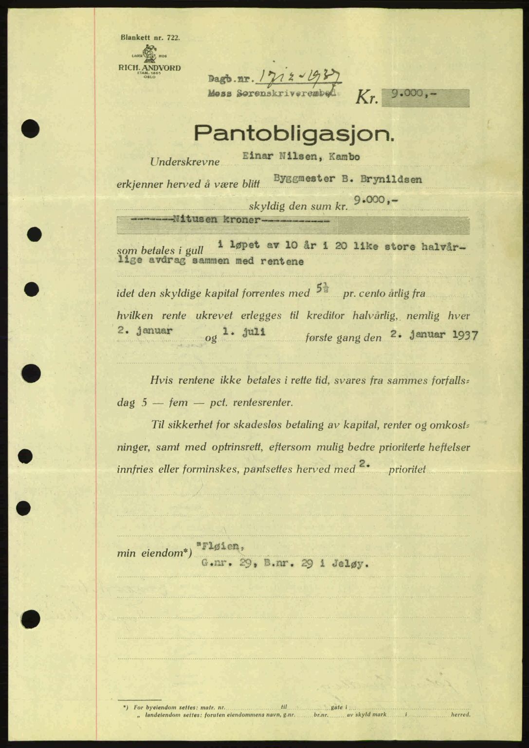 Moss sorenskriveri, SAO/A-10168: Pantebok nr. B4, 1937-1938, Dagboknr: 1712/1937