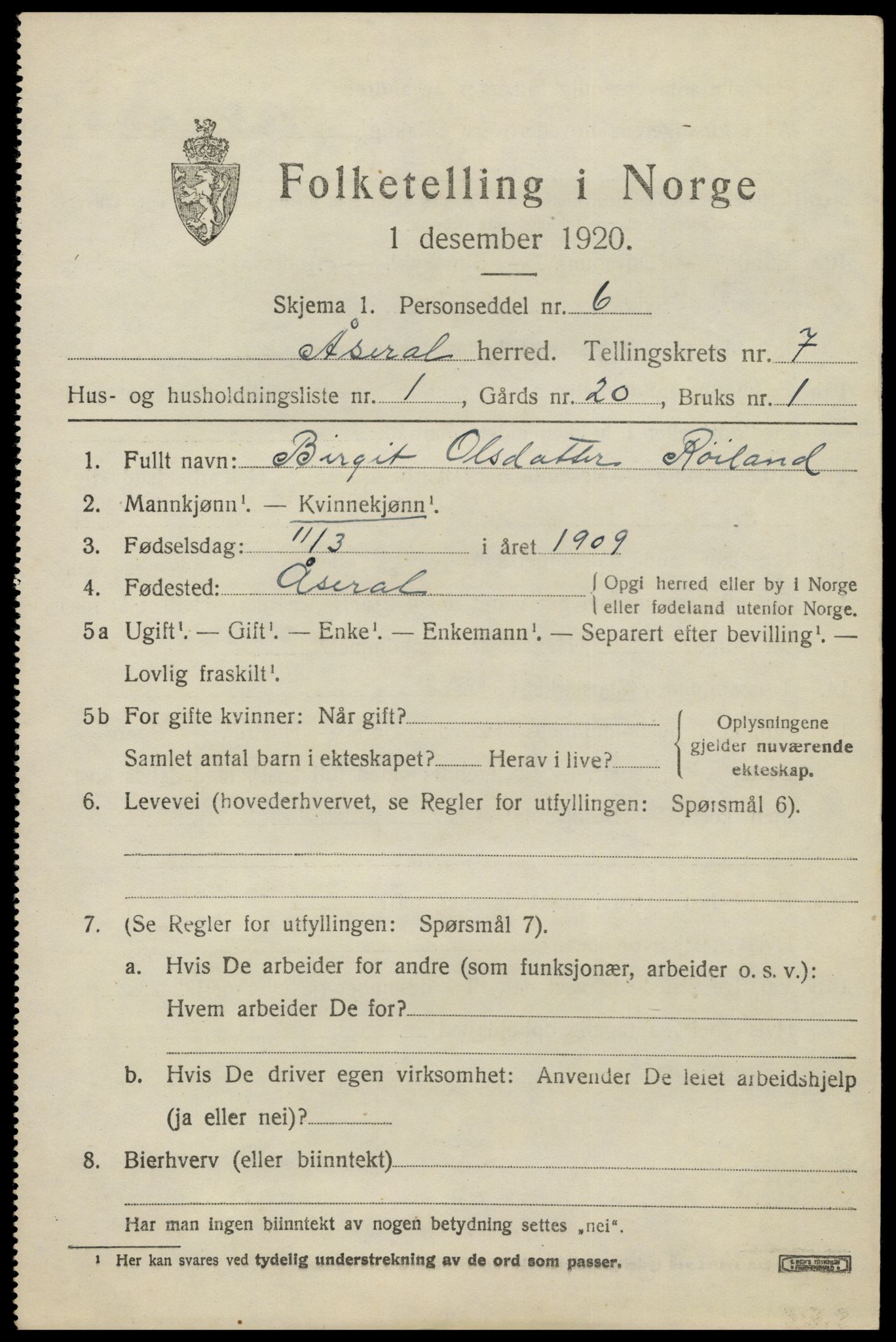 SAK, Folketelling 1920 for 1026 Åseral herred, 1920, s. 2056