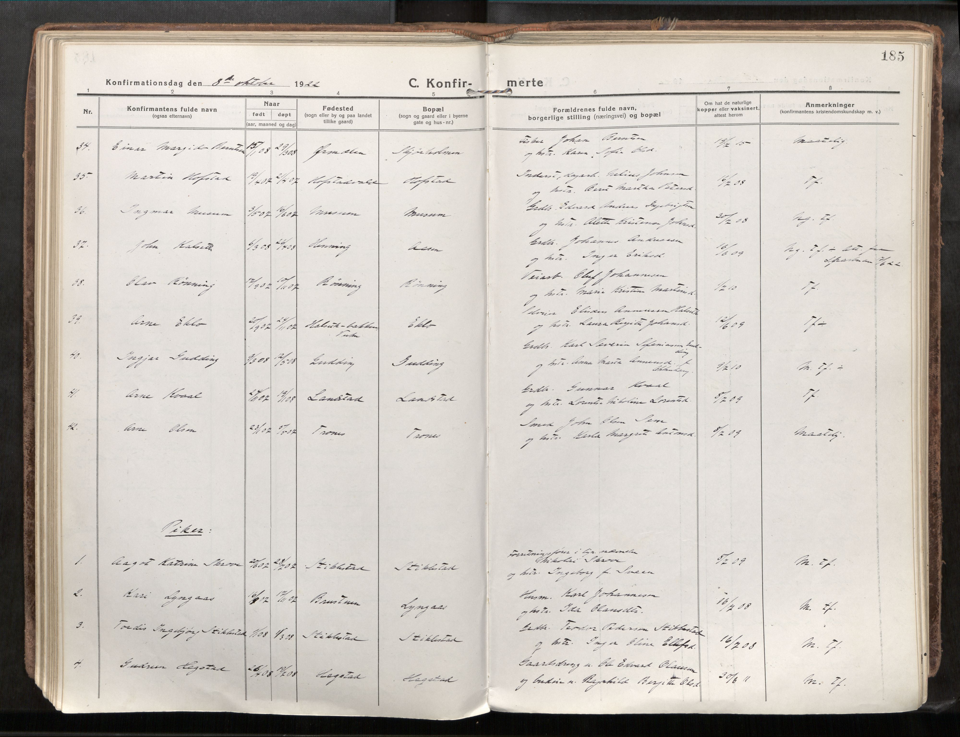 Verdal sokneprestkontor, AV/SAT-A-1156/2/H/Haa/L0001: Ministerialbok nr. 1, 1917-1932, s. 185