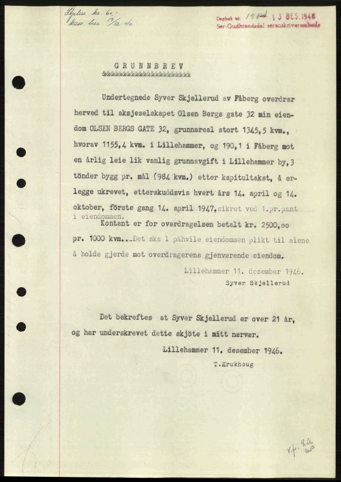 Sør-Gudbrandsdal tingrett, SAH/TING-004/H/Hb/Hbd/L0017: Pantebok nr. A17, 1946-1947, Dagboknr: 1784/1946