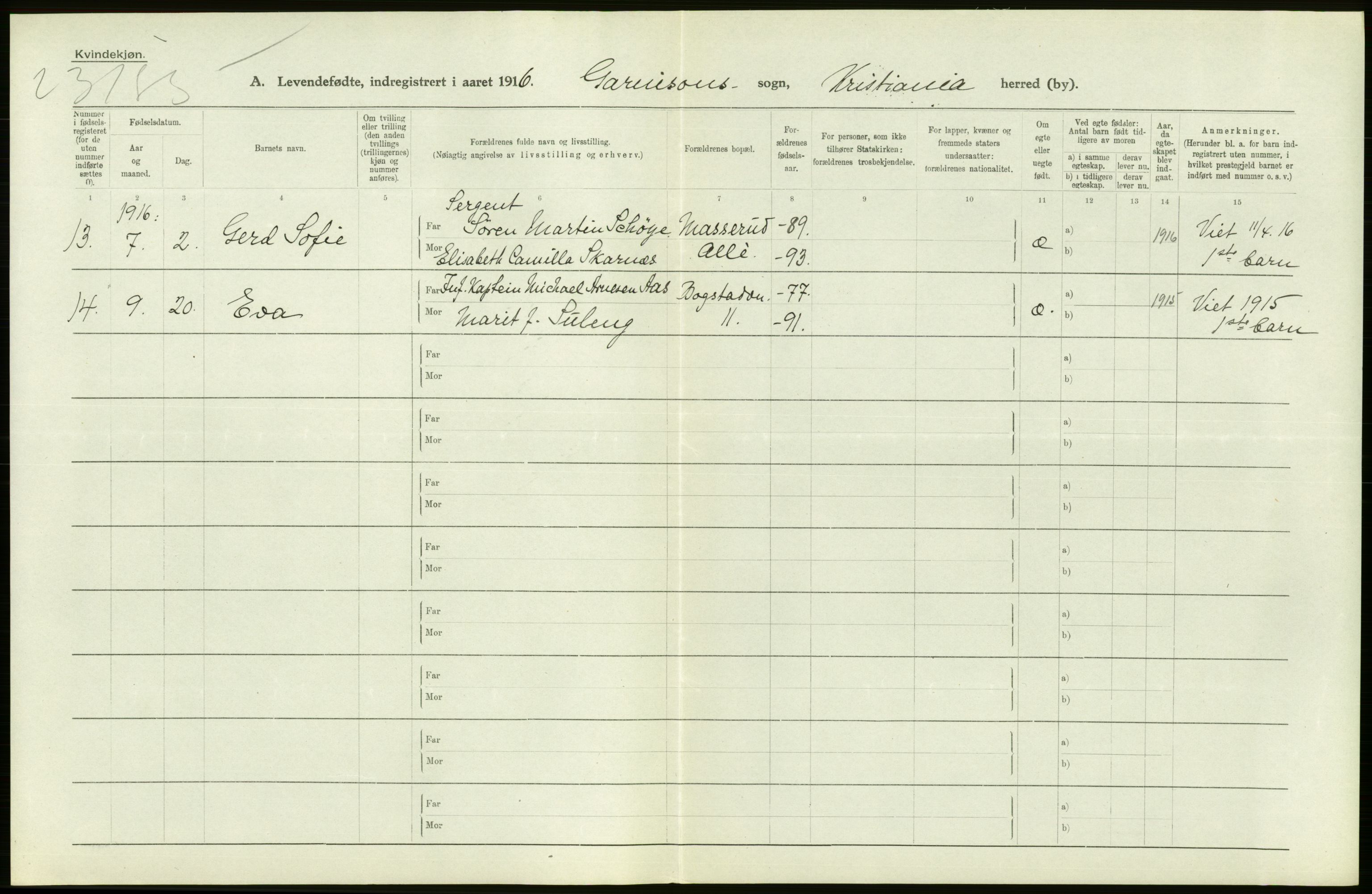 Statistisk sentralbyrå, Sosiodemografiske emner, Befolkning, AV/RA-S-2228/D/Df/Dfb/Dfbf/L0007: Kristiania: Levendefødte menn og kvinner., 1916, s. 478